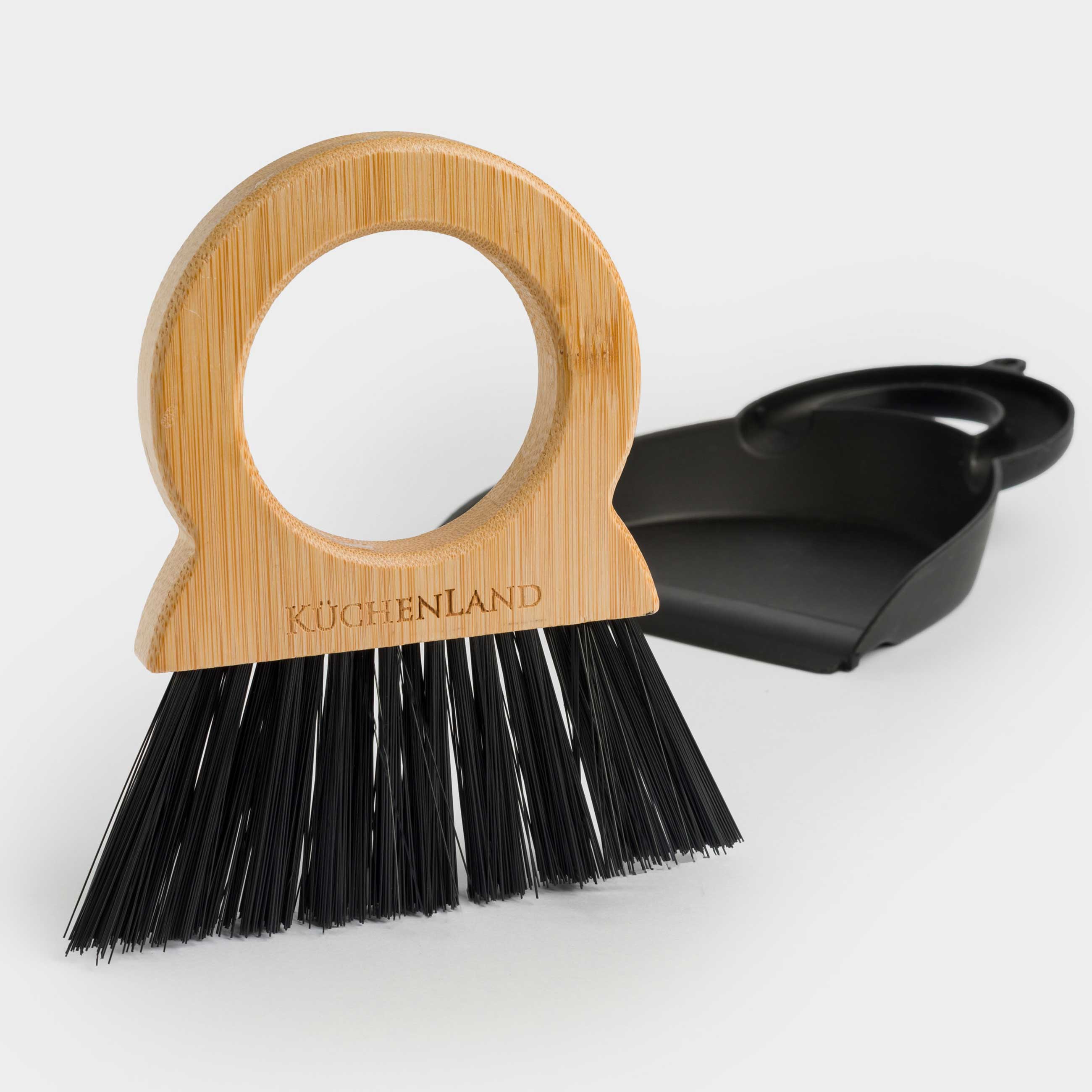 Garbage brush, with dustpan, 20 cm, bamboo / plastic, round handle, black, Black clean