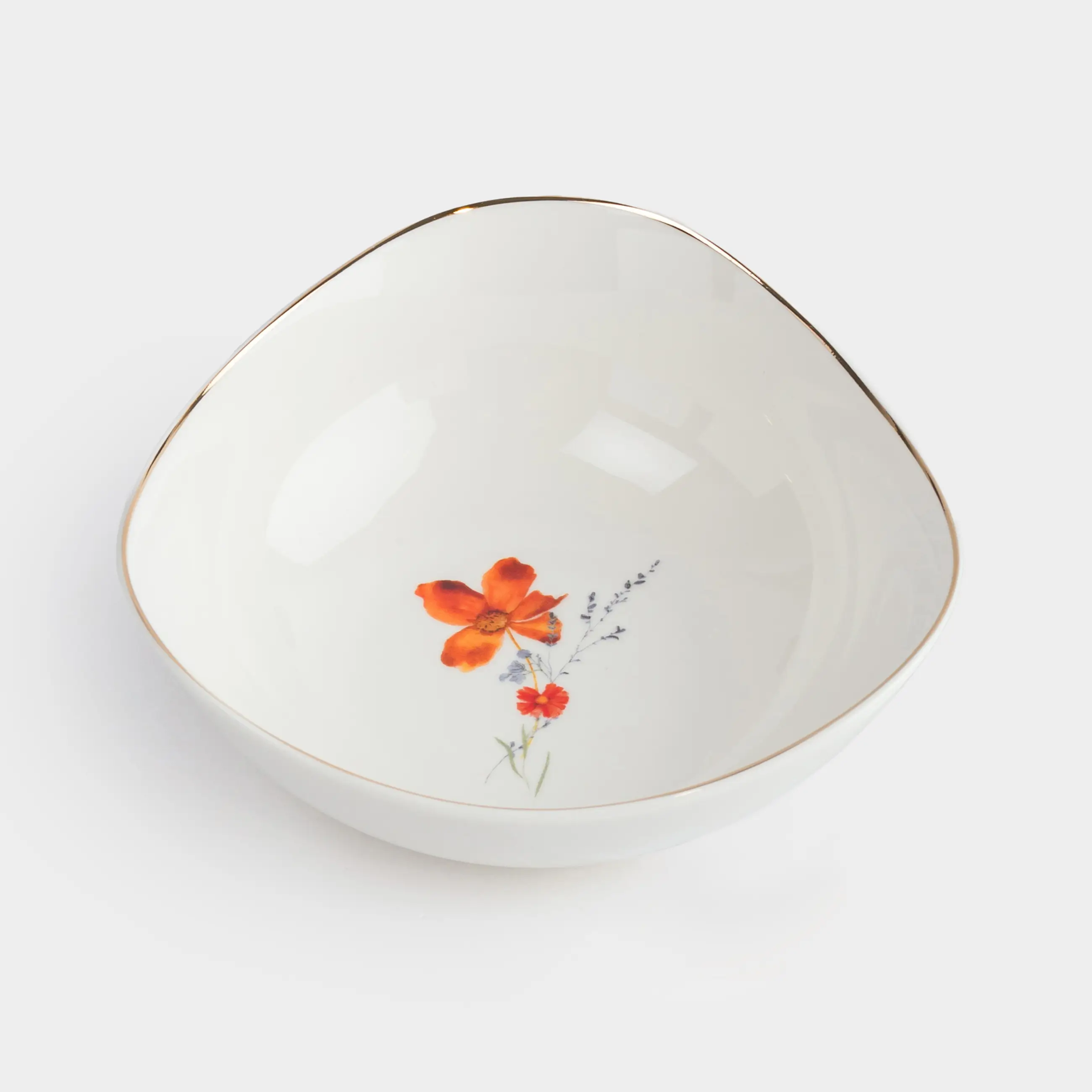 Bowl, 14x5 cm, porcelain N, white, with golden edging, Wildflowers, Yarrow