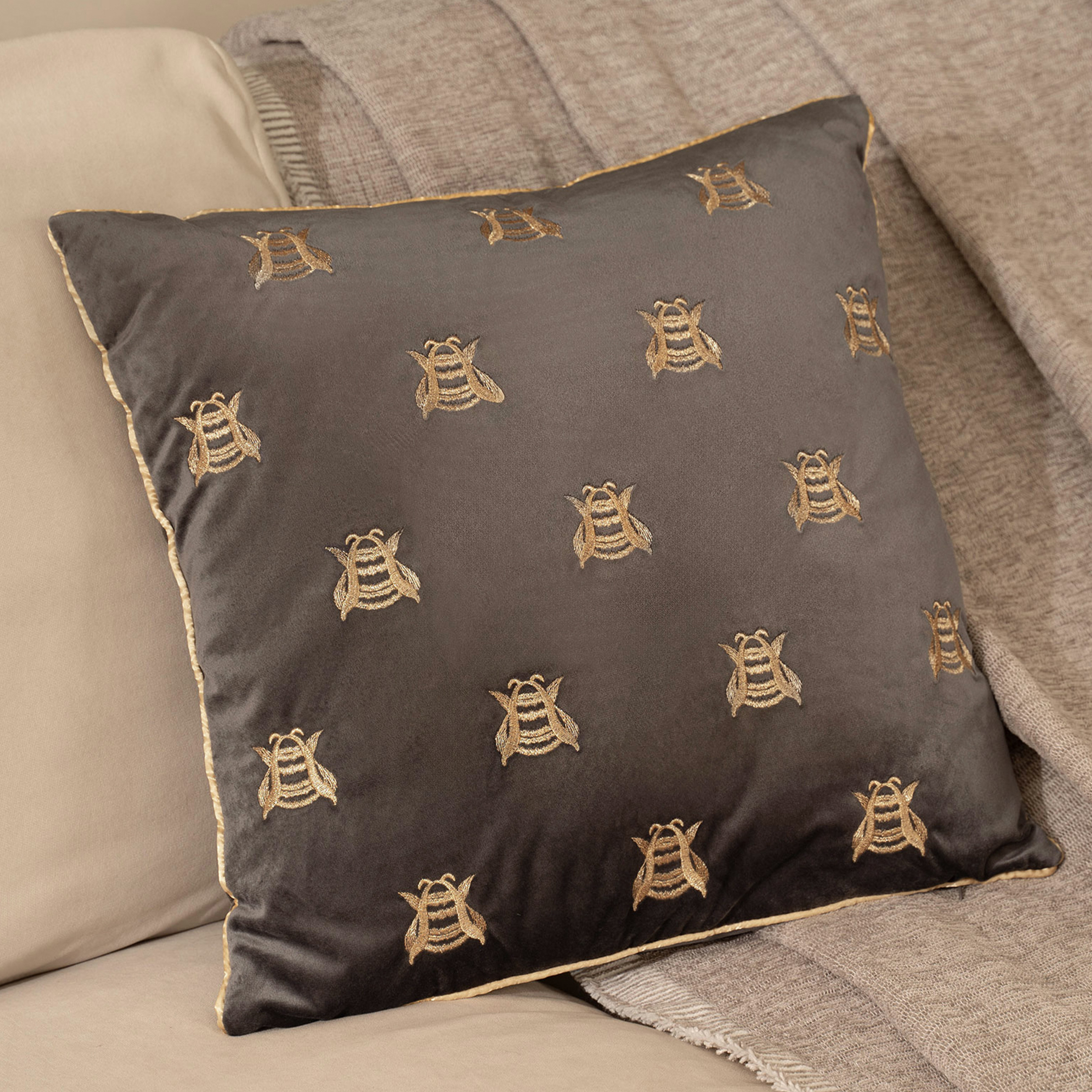 Decorative pillow, 45x45, corduroy, gray, Bees, Honey