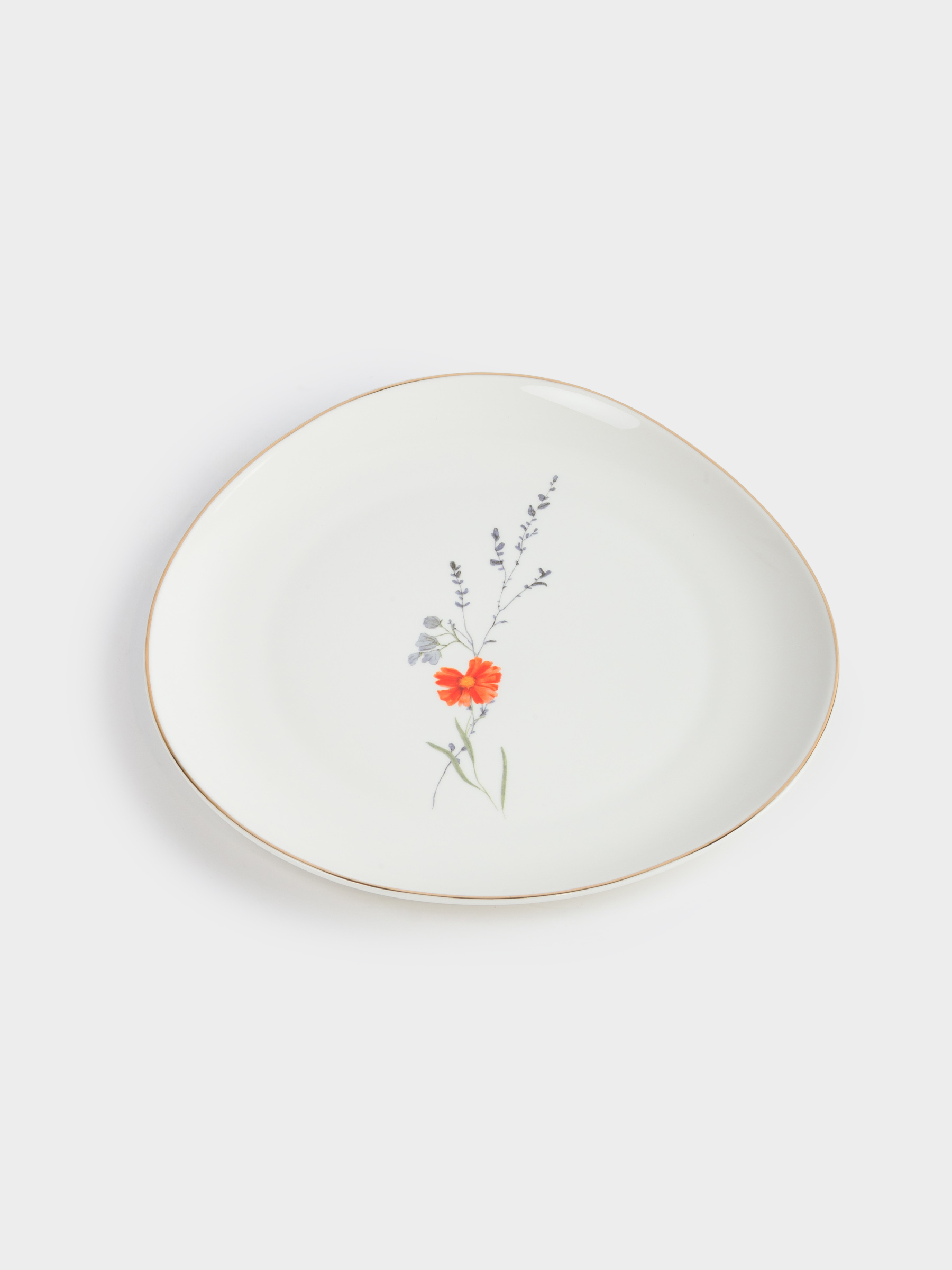 Snack plate, 21 cm, porcelain N, white, with golden edging, wildflowers, Yarrow, image-1