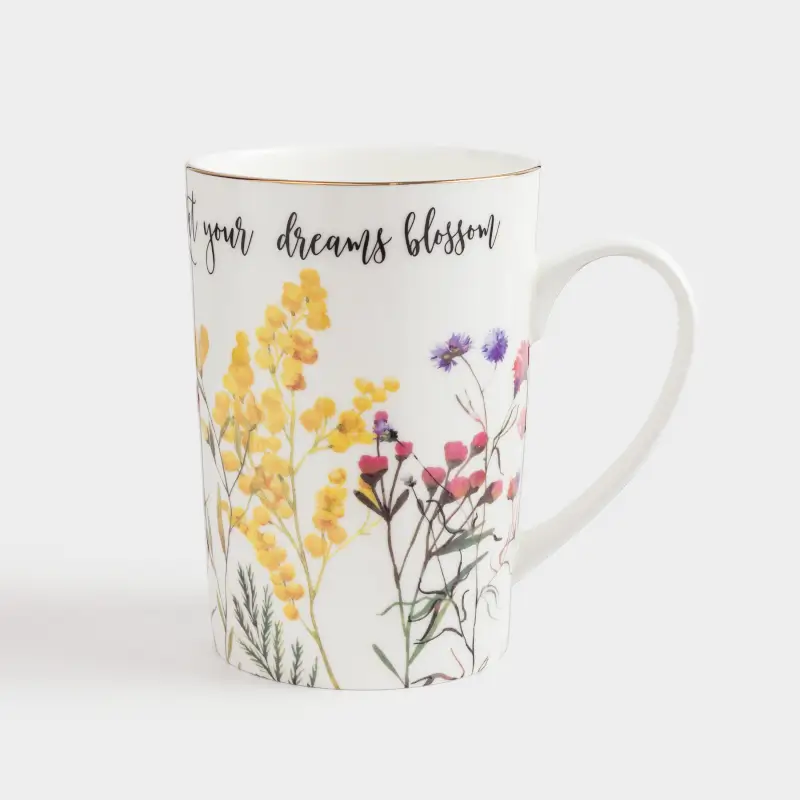 Mug, 450 ml, porcelain F, white, with golden edging, Flowers and mimosa, Flower garden