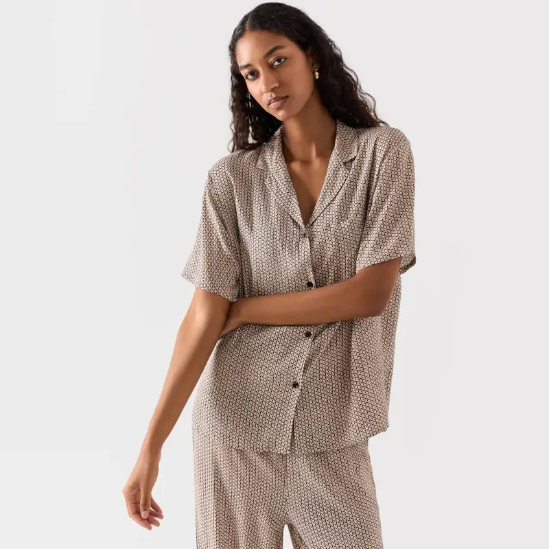 Women's shirt, size L, with short sleeves, viscose, beige, Geometric pattern, Emri ,image-0