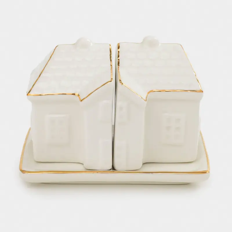 Salt and pepper set, 9 cm, on a stand, ceramic, white and gold, Houses, Snow sparks