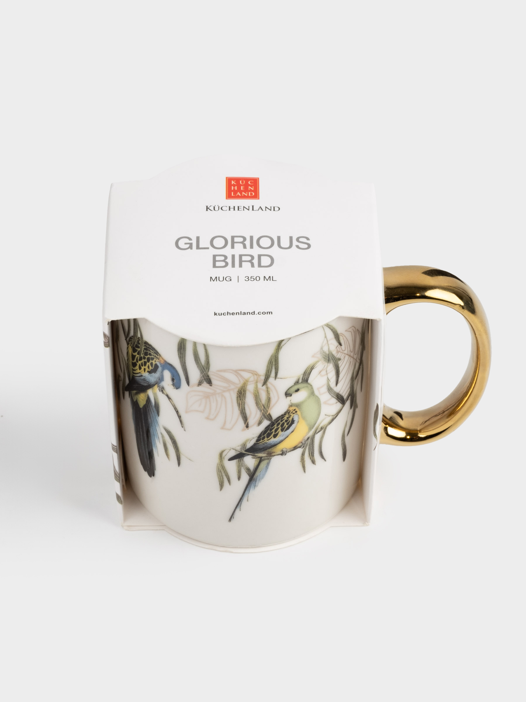 Mug, 350 ml, porcelain N, white and gold, Parrots on branches, Glorious bird, image-4