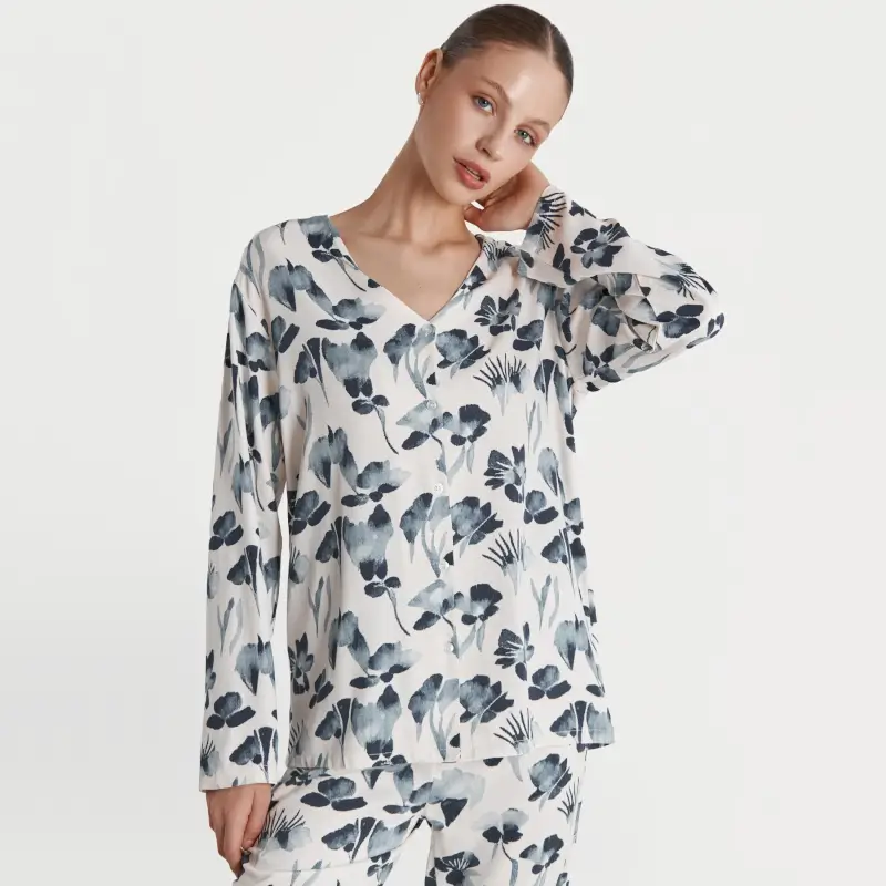 Women's shirt, home, size L, long sleeve, viscose, milk, Blue flowers, Telia ,image-0