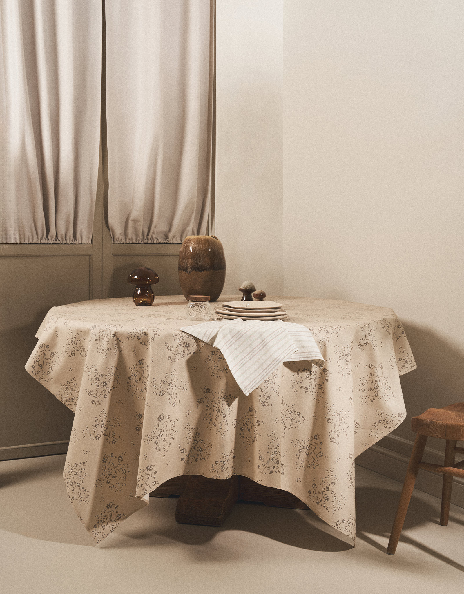 Tablecloth, 170x250 cm, PU coated, polyester / viscose / linen, beige, Branches with flowers, Branches, image-9