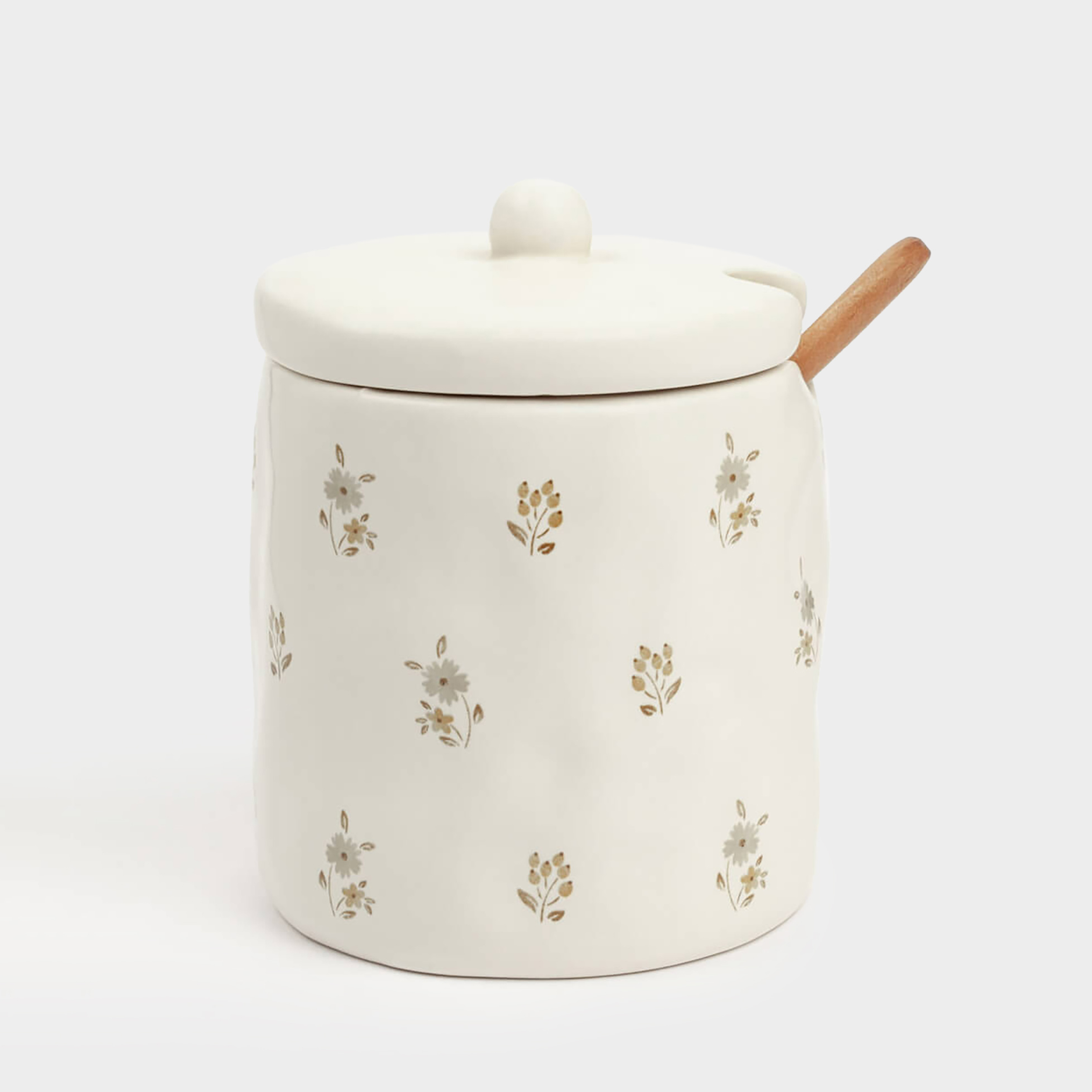 Sugar bowl, 11 cm, 370 ml, with spoon, ceramic / wood, milk, Vintage flowers, La flore, image-0