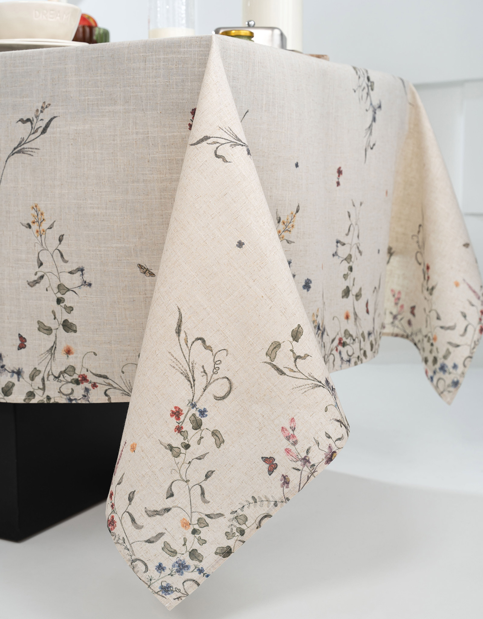 Tablecloth, 170x250 cm, polyester / linen, milky, Flowers and butterflies, Tiny flower, image-11