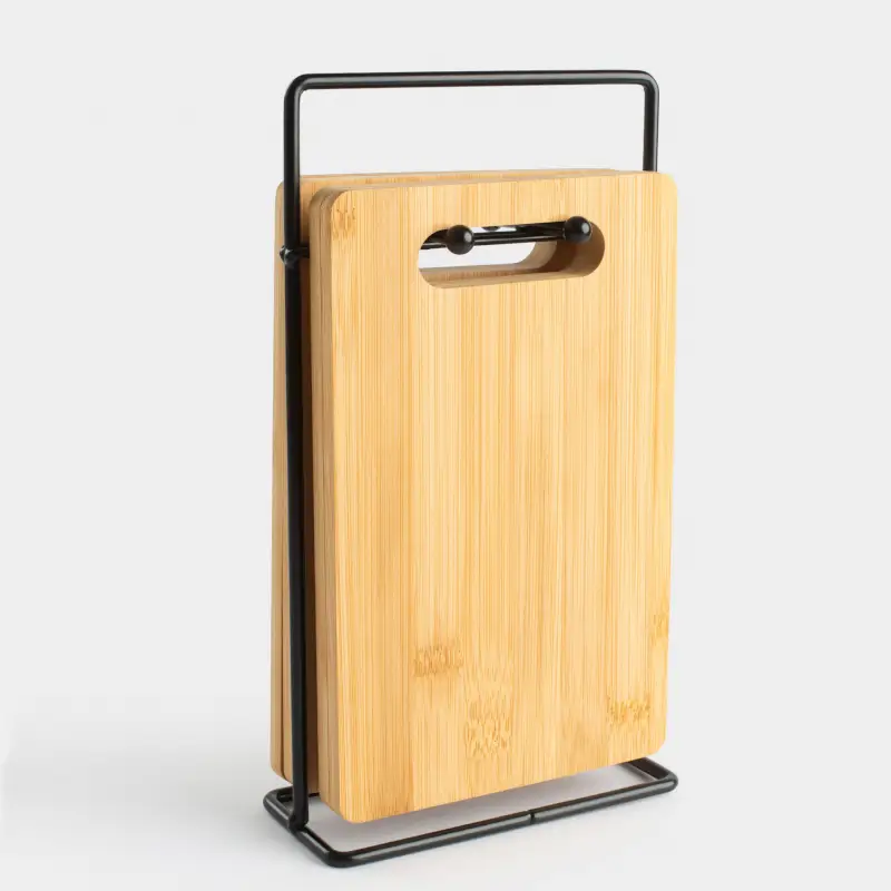 Cutting board, 22x14 cm, 4 pcs, on a stand, bamboo / steel, rectangular, Bamboo ,image-0