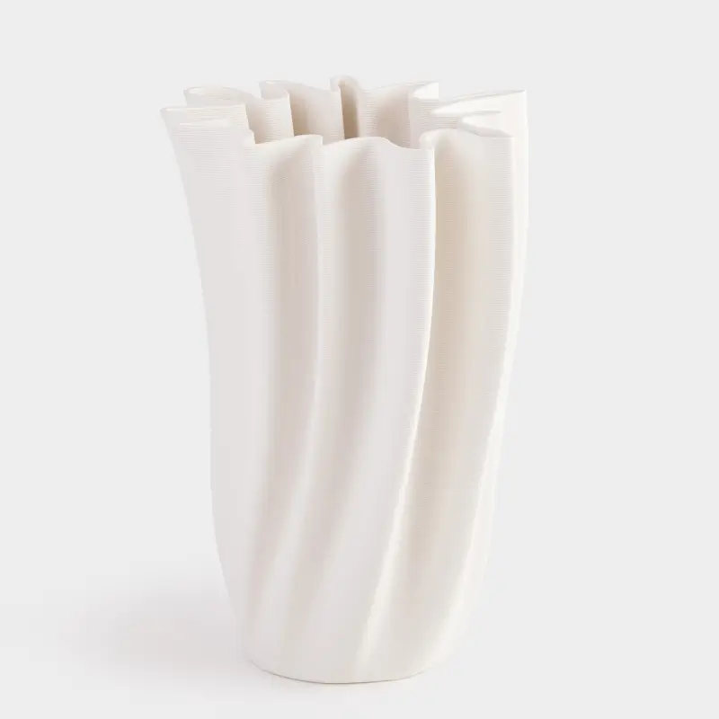 Flower vase, 38 cm, ceramic, milky, Bends, Crumple