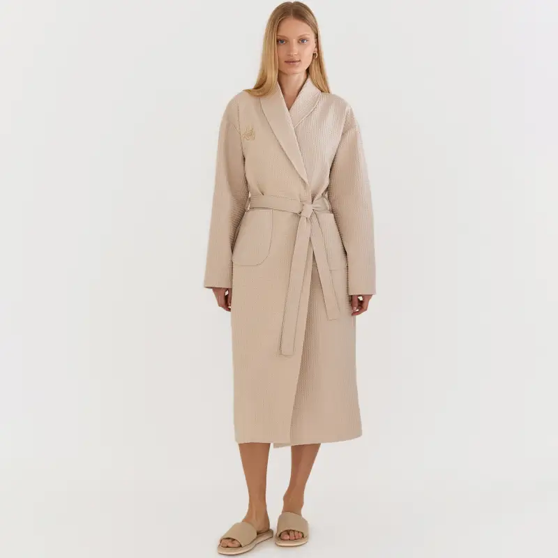 Women's robe, homewear, size L, with long sleeves, waffle, cotton, milky, Lucky, Stefani, image-0