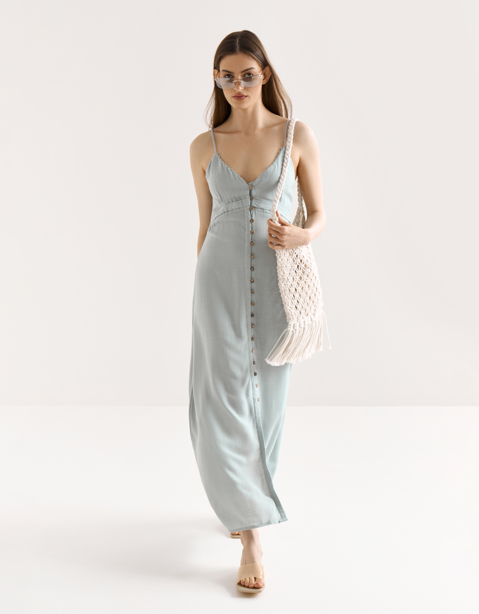 Women's dress, maxi, size L, with straps, viscose, beige, Tella, image-6