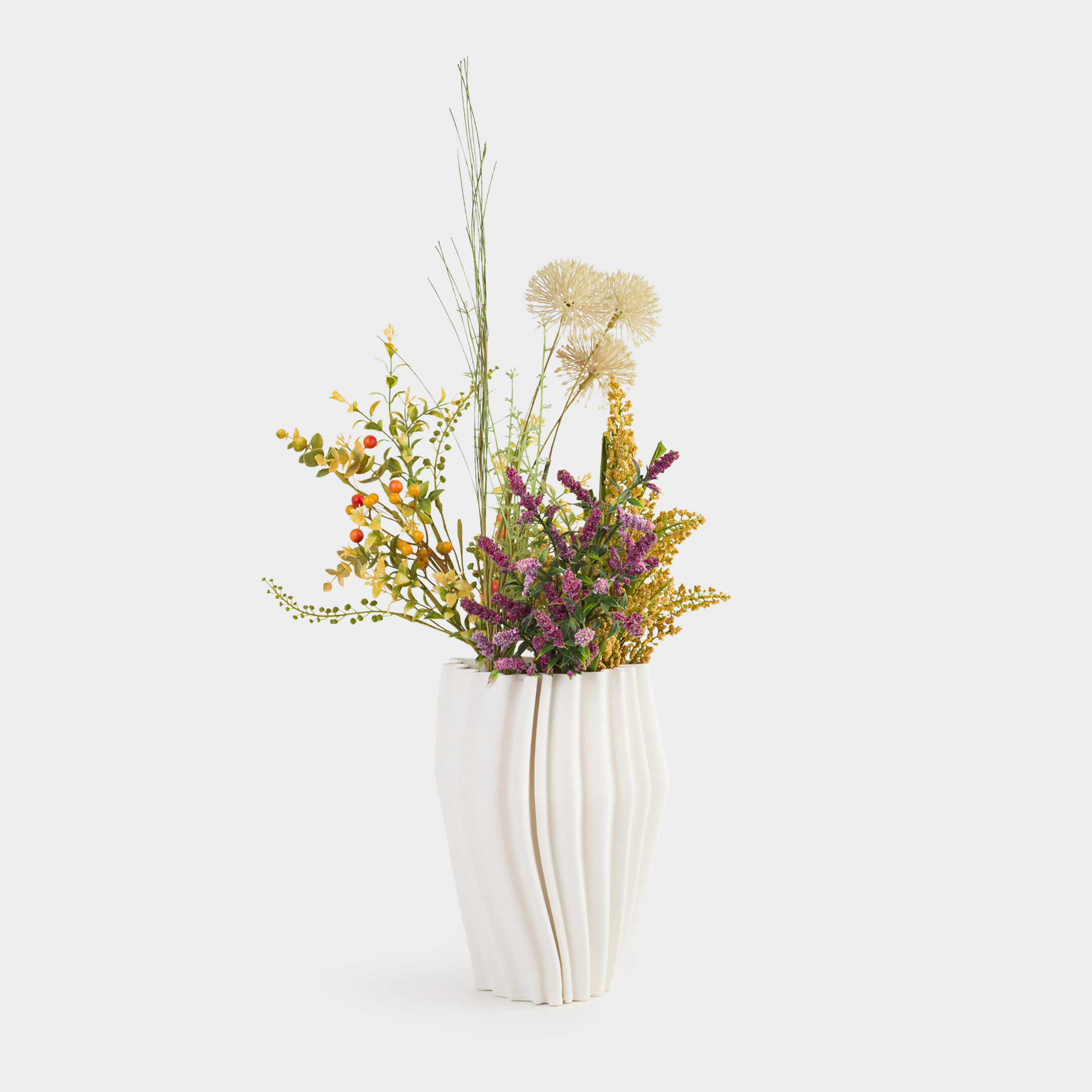 Flower vase, 26 cm, ceramic, milky, Textured lines, Crumple
