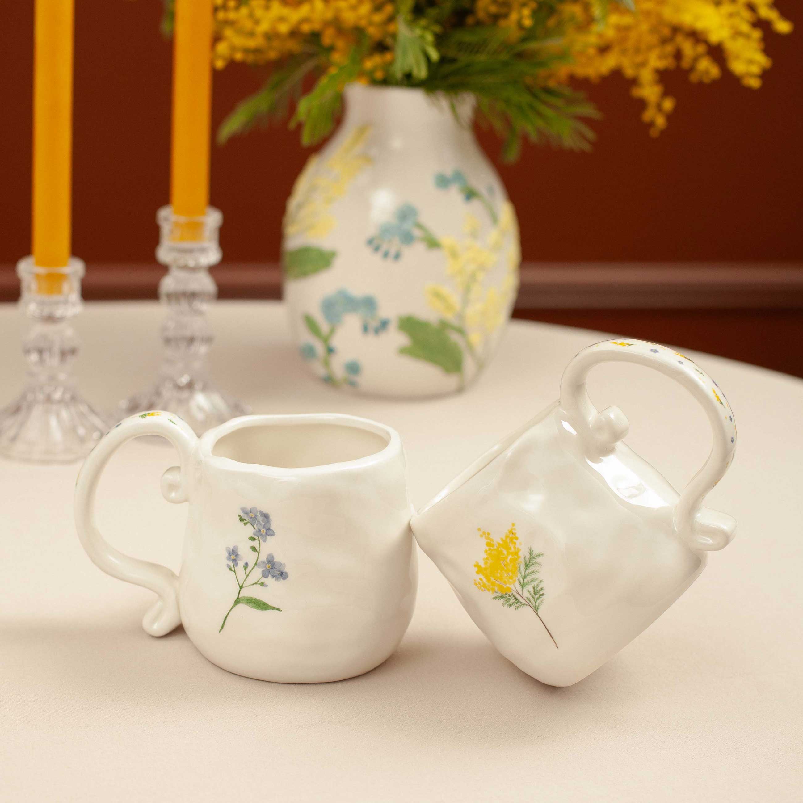 Mug, 530 ml, ceramic, milky, Mimosa and Myosotis, Crumple print