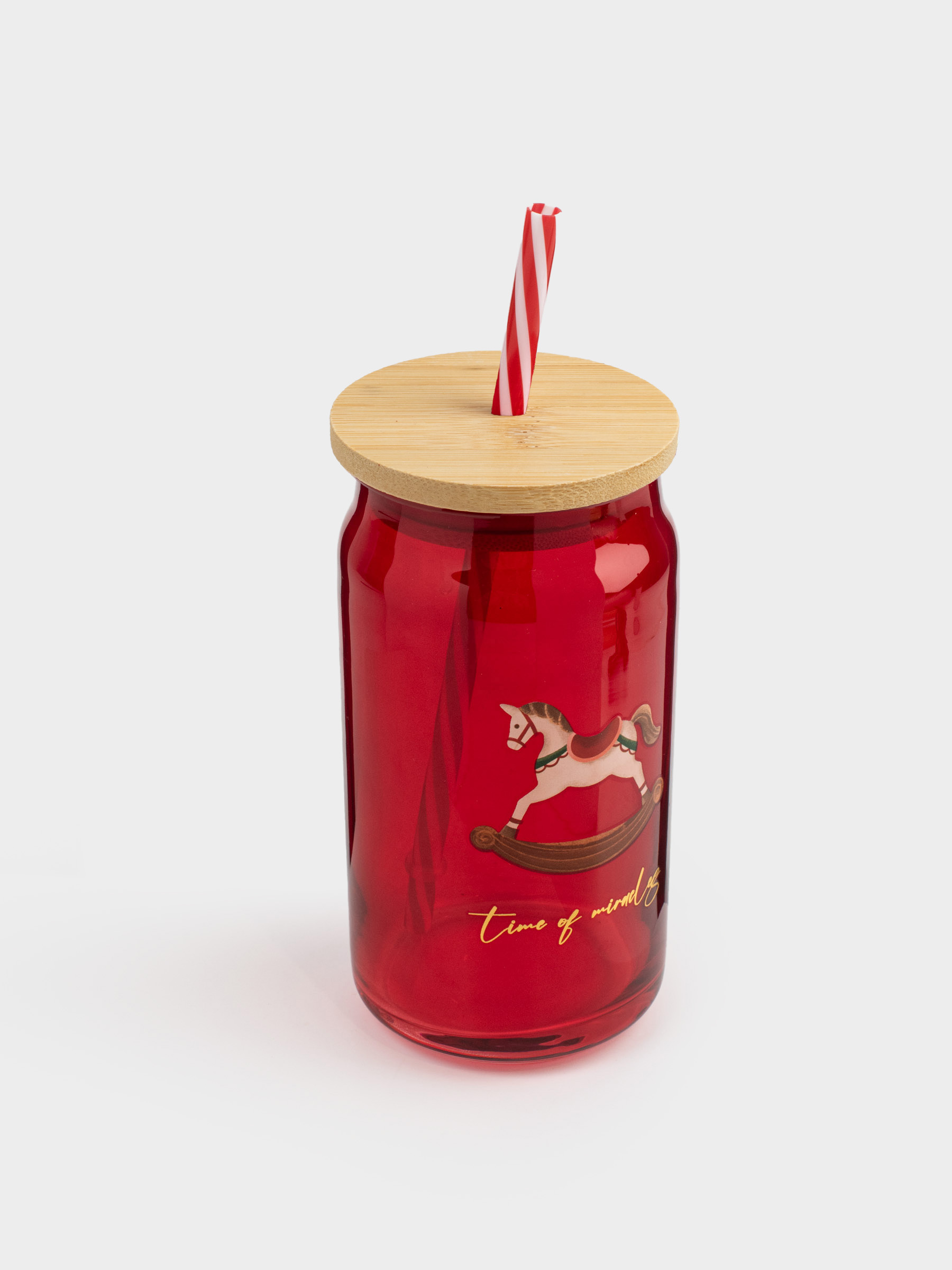 Beverage can, 450 ml, with a lid and a straw, glass, red, Horse, Crystal drink, image-1