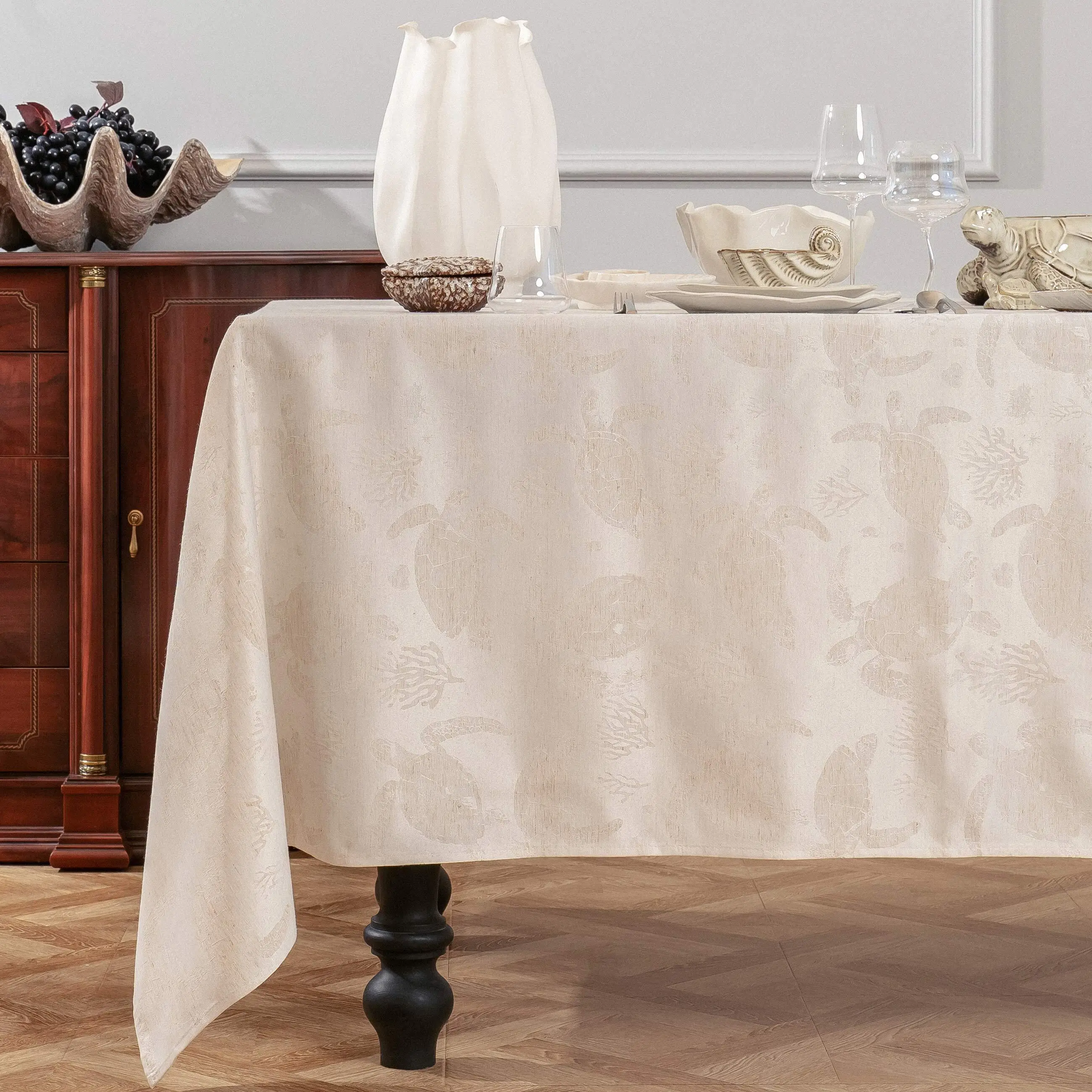 Tablecloth, 170x250 cm, jacquard, polyester / linen, beige, Turtles, Marine turtles