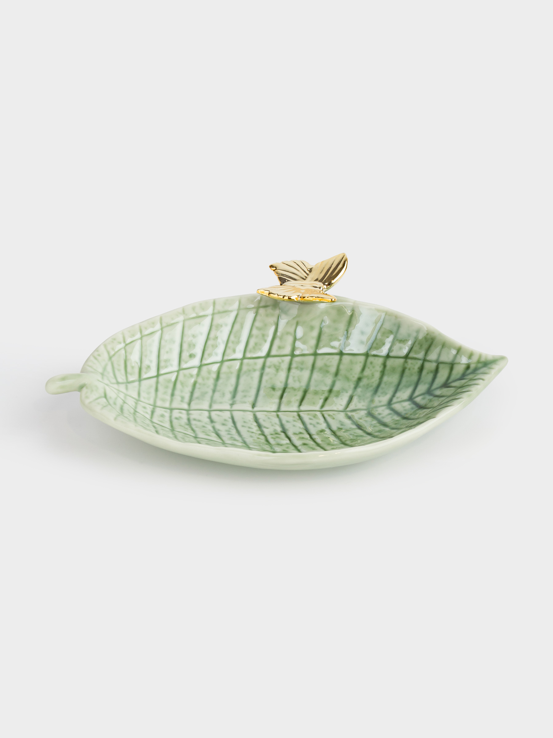 Decorative dish, 20x12 cm, porcelain P, green-gold, Leaf with butterfly, Grand garden, image-1