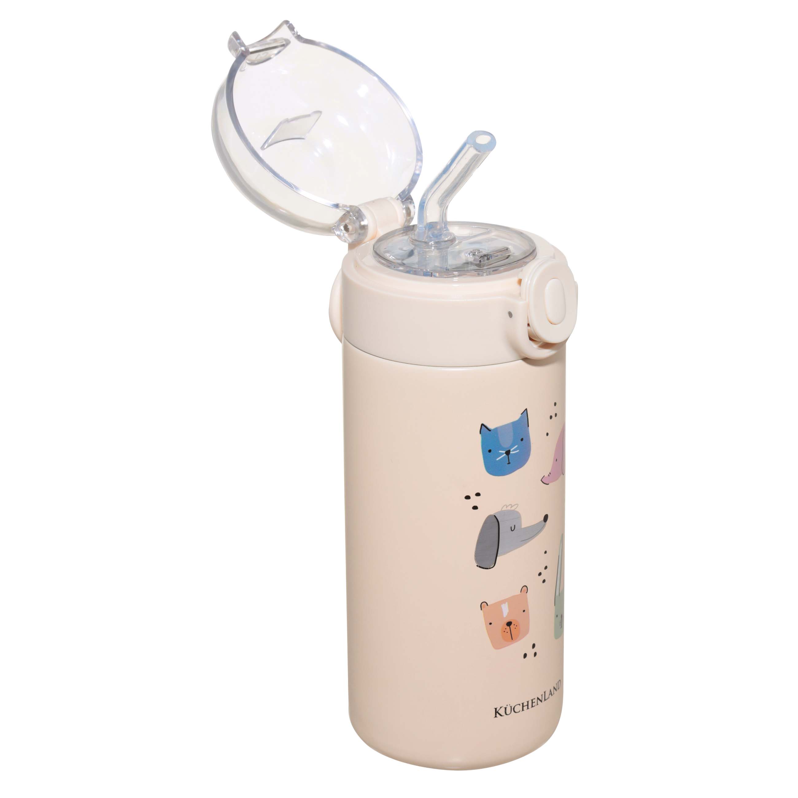 Children's thermos flask, 320 ml, with tube, steel / plastic, beige, Animals, Cute vessel