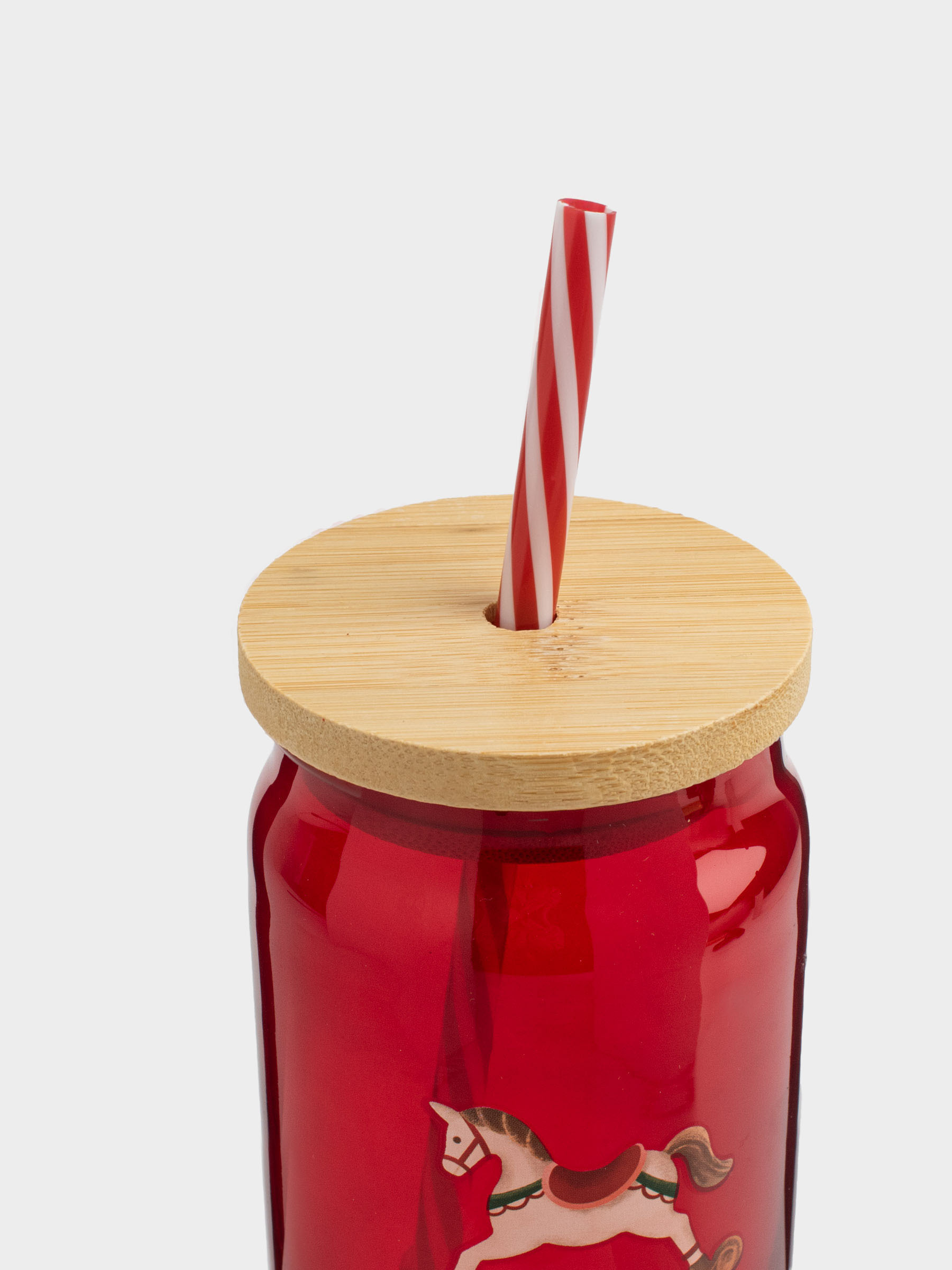 Beverage can, 450 ml, with a lid and a straw, glass, red, Horse, Crystal drink, image-3