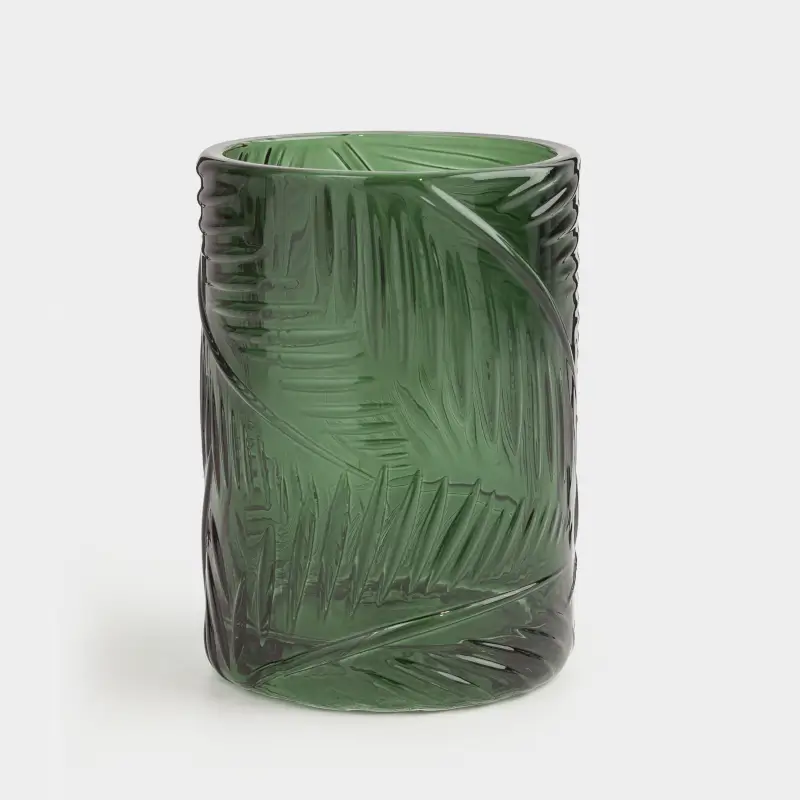 Bathroom tumbler, 11 cm, Glass, Green, Tropical leaves, Tropical leaves ,image-0