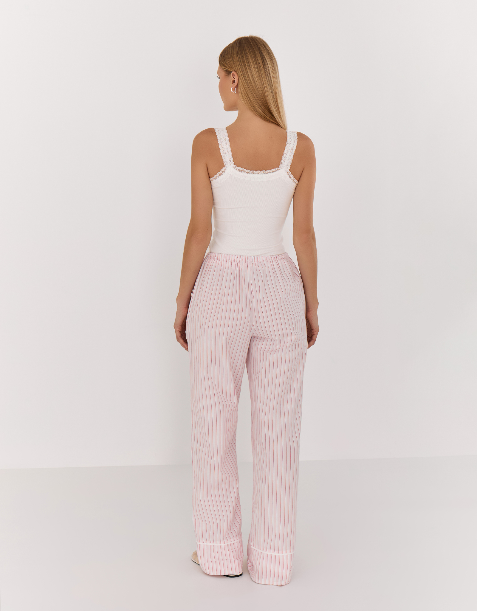 Women's trousers, homewear, size L, cotton, white and pink, Stripe, Sheria, image-3