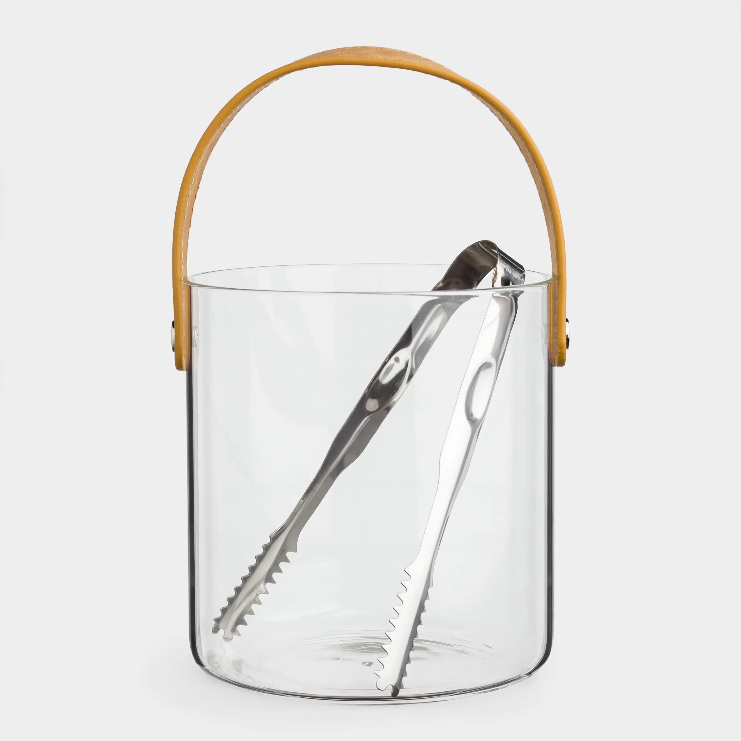 Ice bucket, 14 cm, with handle and tongs, Glass / PU leather, Clear devo