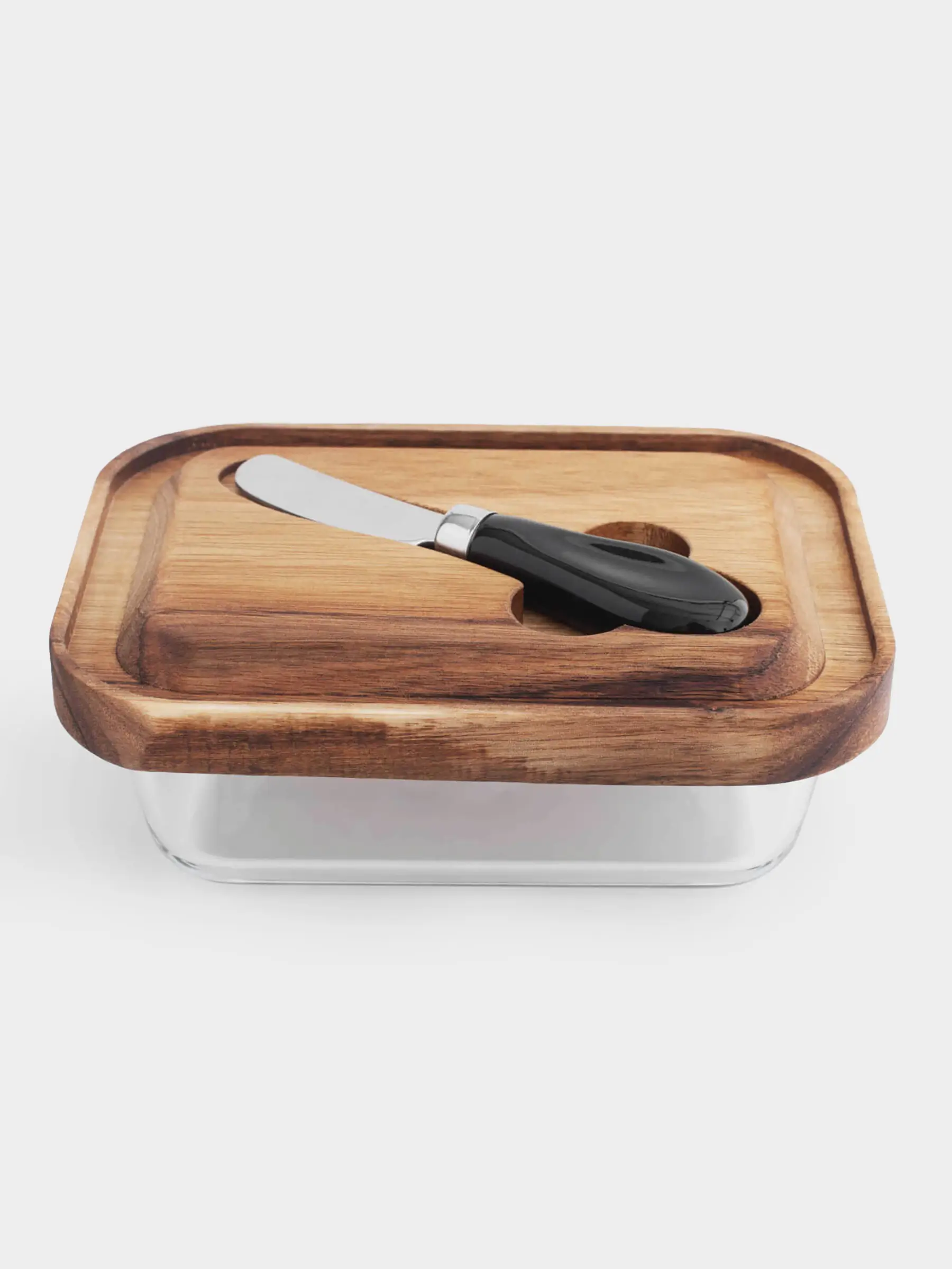 Butter dish, 18 cm, with knife, wood/glass / steel, rectangular, Noble tree, image-0