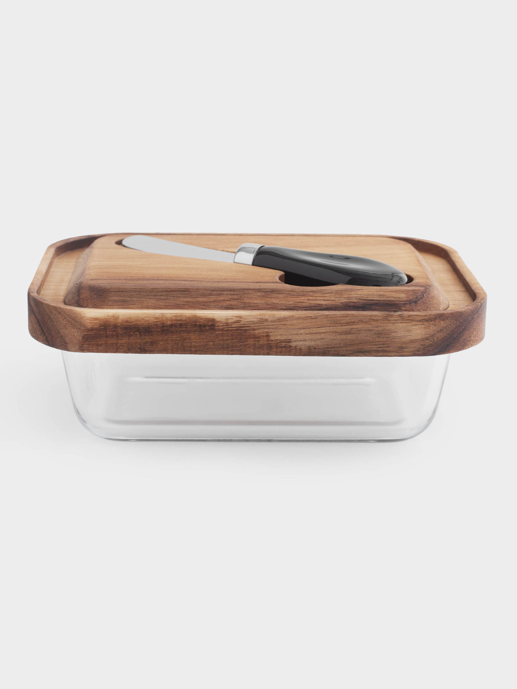 Butter dish, 18 cm, with knife, wood/glass / steel, rectangular, Noble tree, image-2