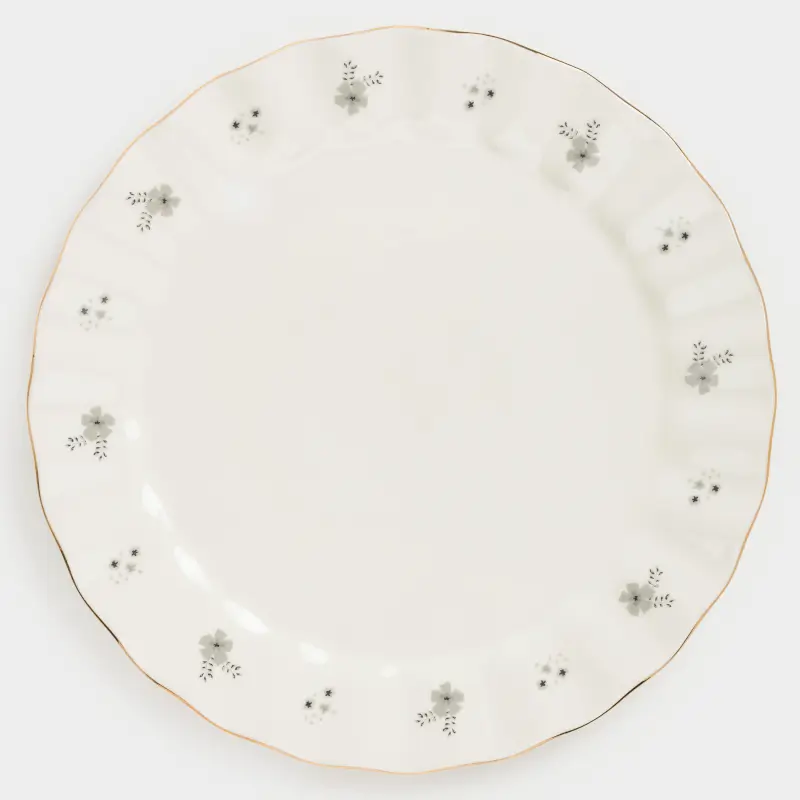Dinner plate, 27 cm, porcelain P, milky, with golden edging, Grey flowers, Florals ,image-0