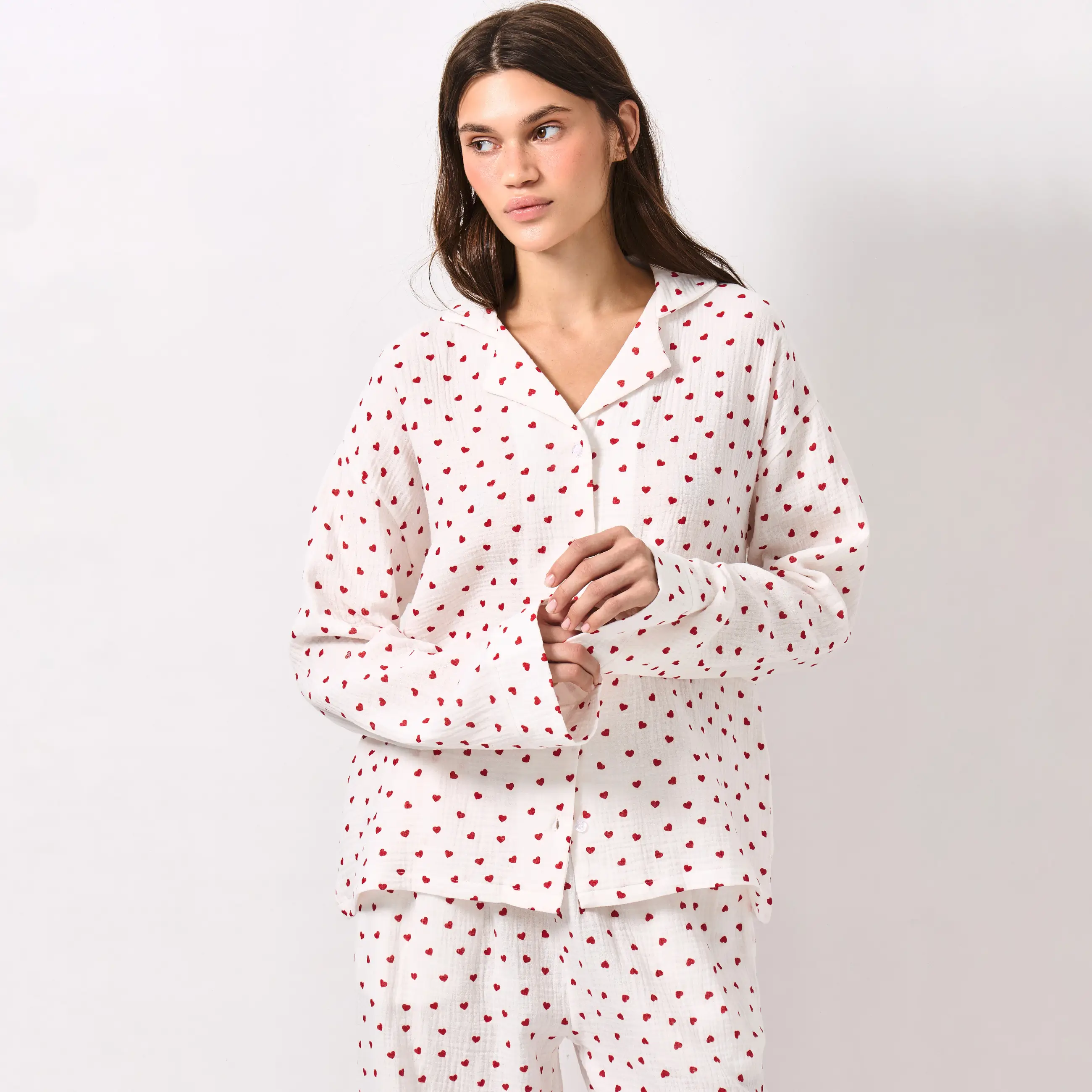 Women's shirt, homewear, size L, with long sleeves, muslin, milky, Flowers, Ateira