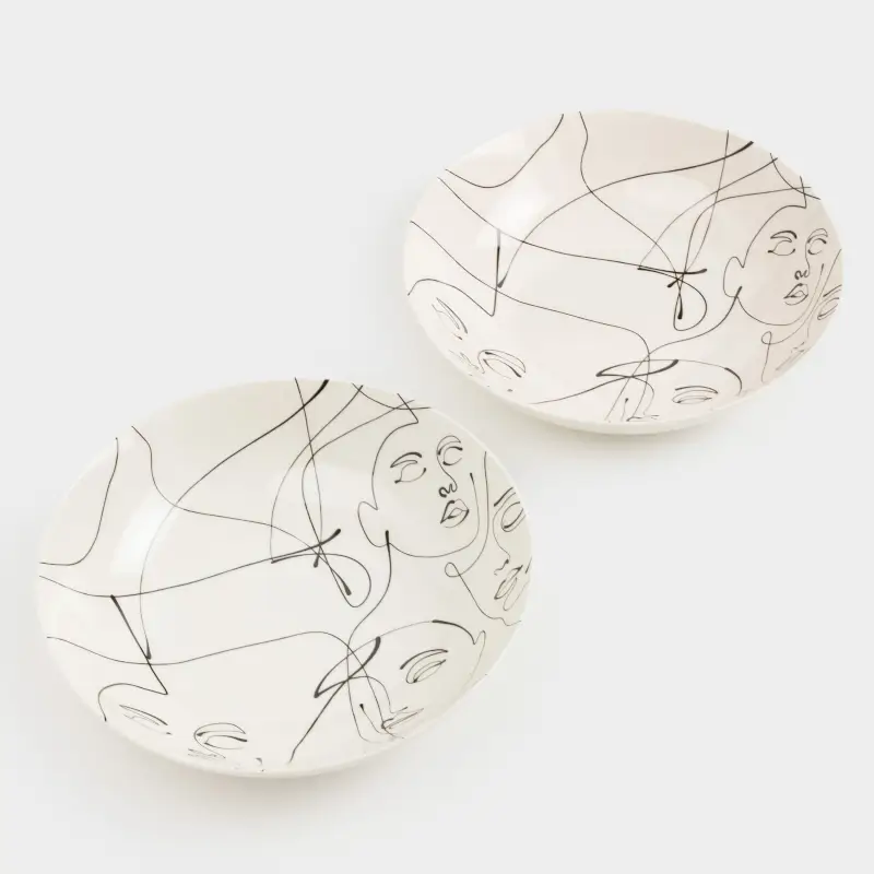 Soup plate, 20x5 cm, 2 pcs, porcelain N, milk, Abstract faces, Face ,image-0