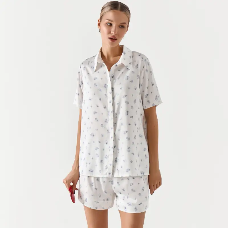 Women's shirt, homewear, size L, with short sleeves, polyester, blue and white, Flowers, Tesia