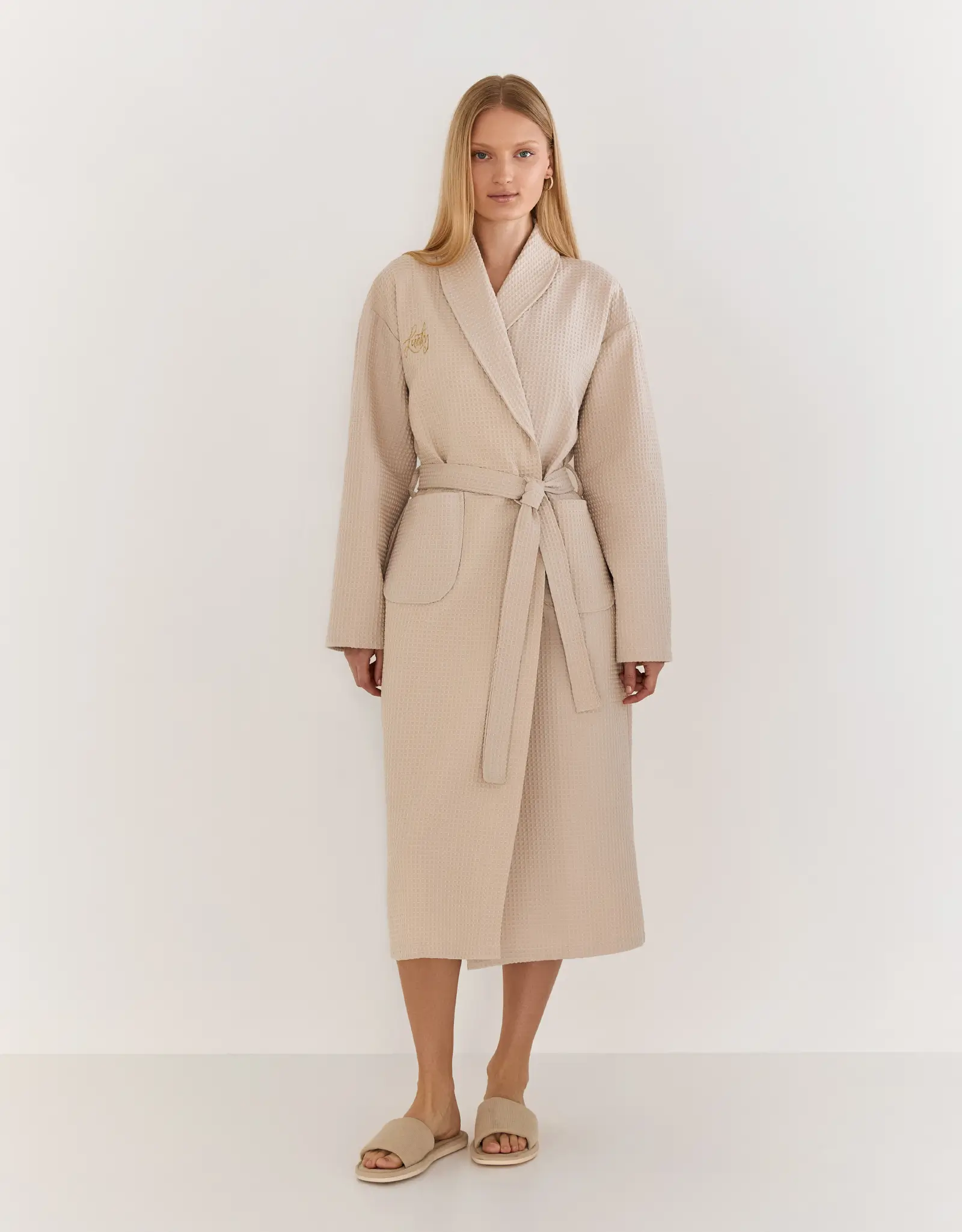 Women's robe, homewear, size L, with long sleeves, waffle, cotton, milky, Lucky, Stefani