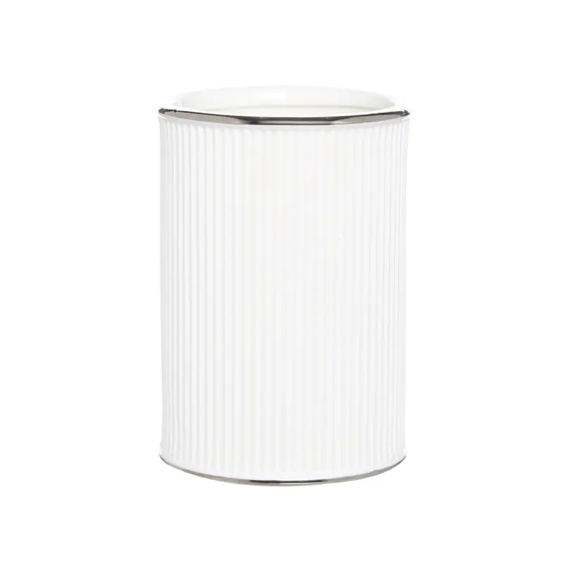 Bathroom glass, 10 cm, ceramic, white, with silver edging, Kaliopa ,image-0