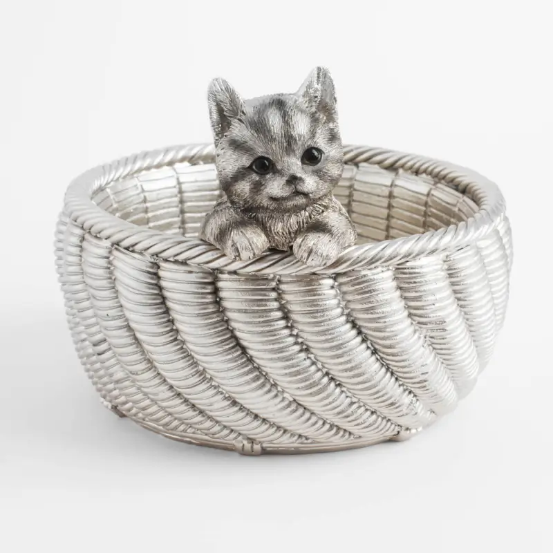 Decorative vase, 16x12 cm, polyresin, golden, Kitten in a basket, Cat