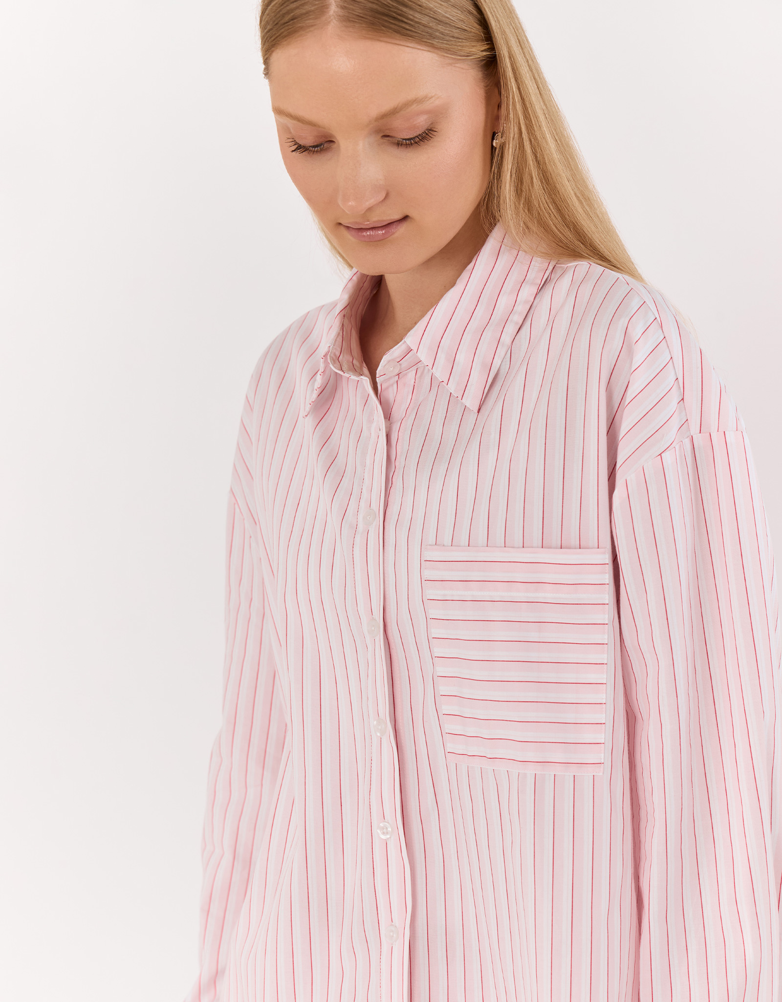 Women's shirt, homewear, size L, with long sleeves, cotton, pink and white, Stripe, Sheria, image-2