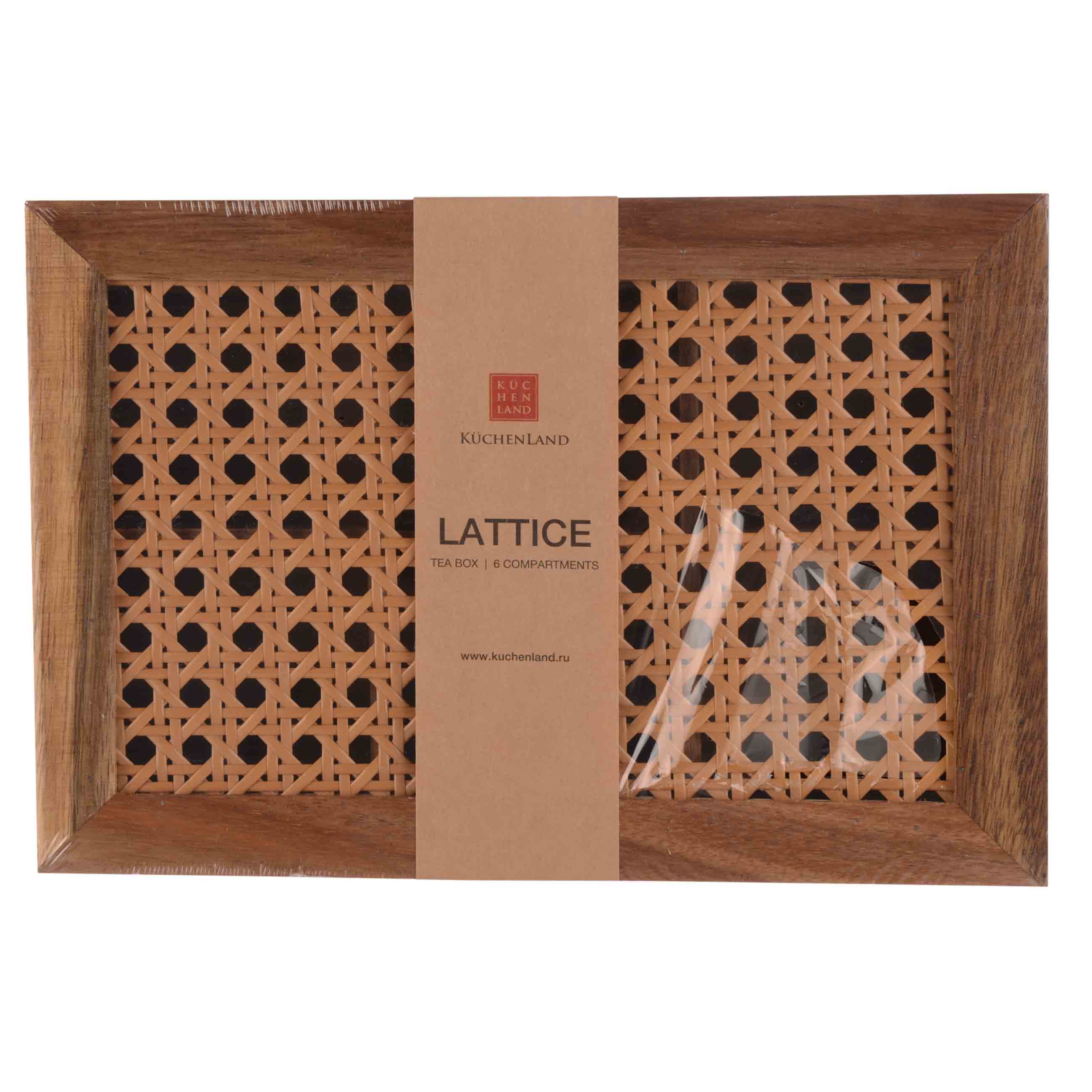 Tea box, 24x16 cm, 6 compartments, wood / rattan, rectangular, Lattice, image-3