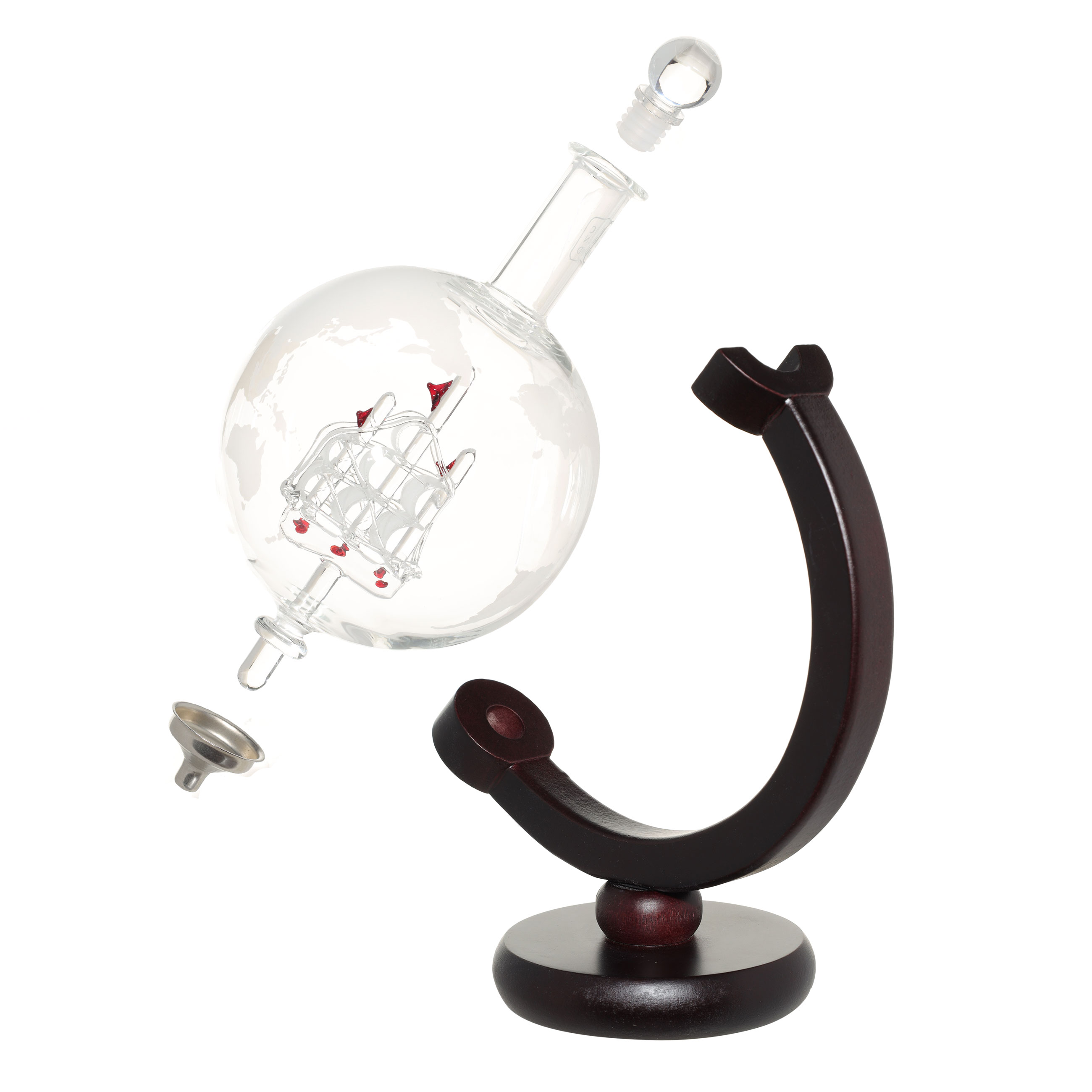 Decanter, 650 ml, on a stand, B glass / wood, Globe with ship, Bar