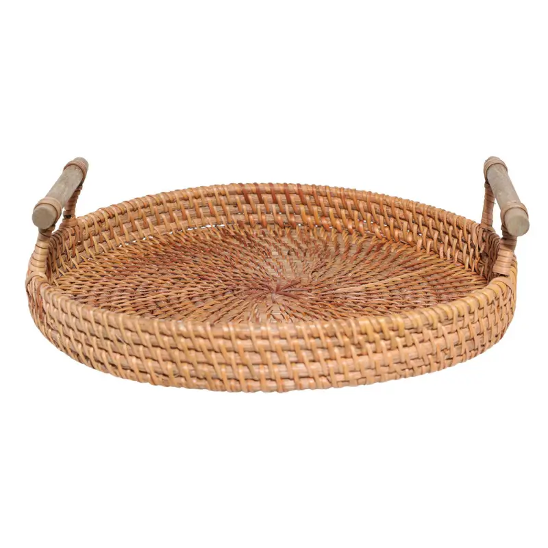 Tray, 24 cm, wicker, with handles, rattan / wood, round, Eco home ,image-0