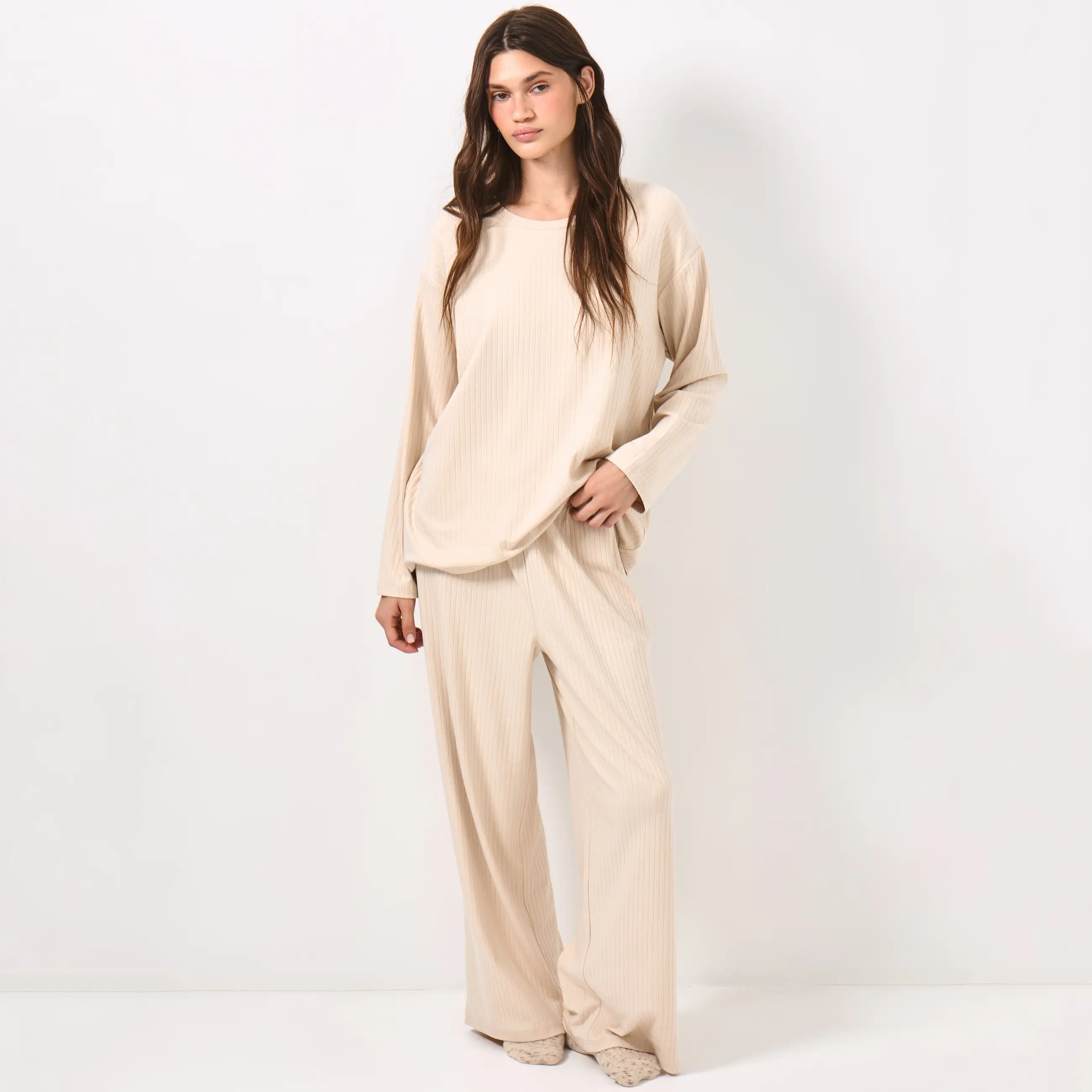 Women's trousers, homewear, size L, viscose/spandex, sand, Camaria