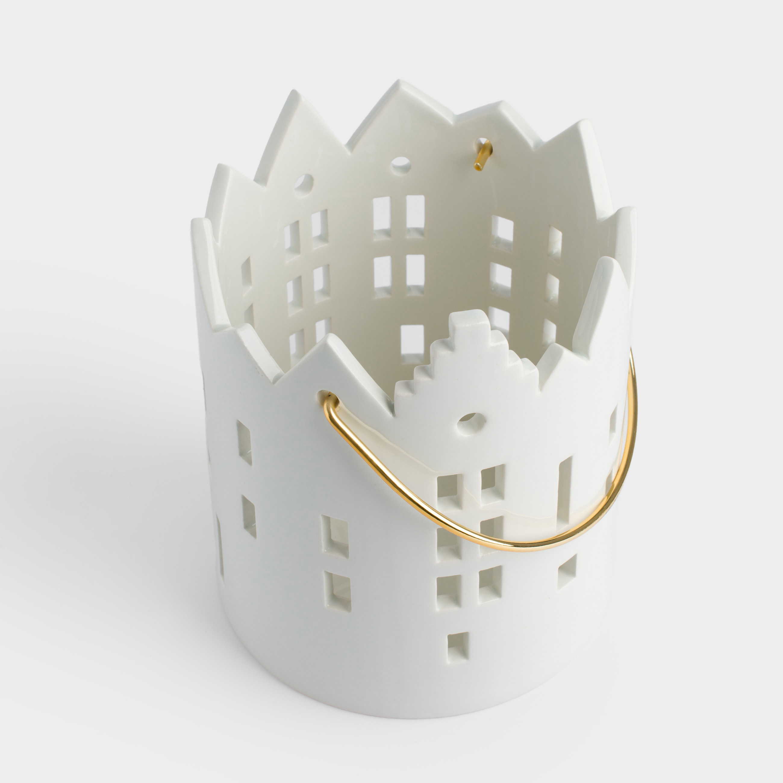 Candle holder, 15 cm, for tea candle, with handle, ceramic / metal, milky, House, Snow sparks