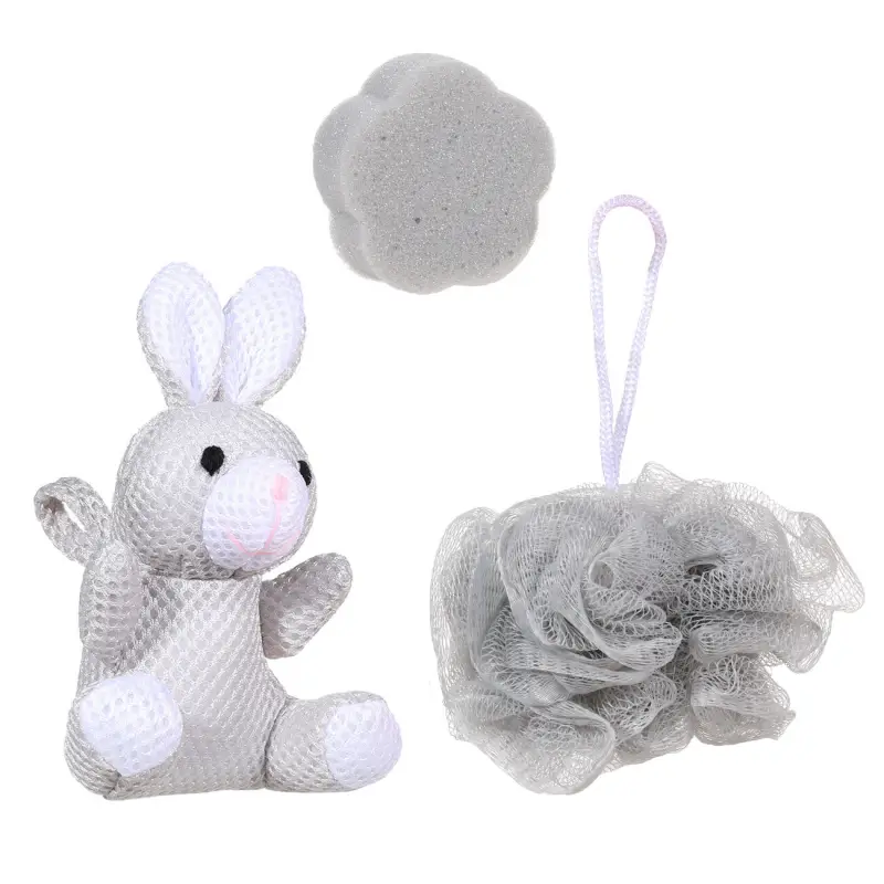 Shower set, 3 items, children's, in a cosmetic bag, polyester, gray, Rabbit, Rabbit ,image-0