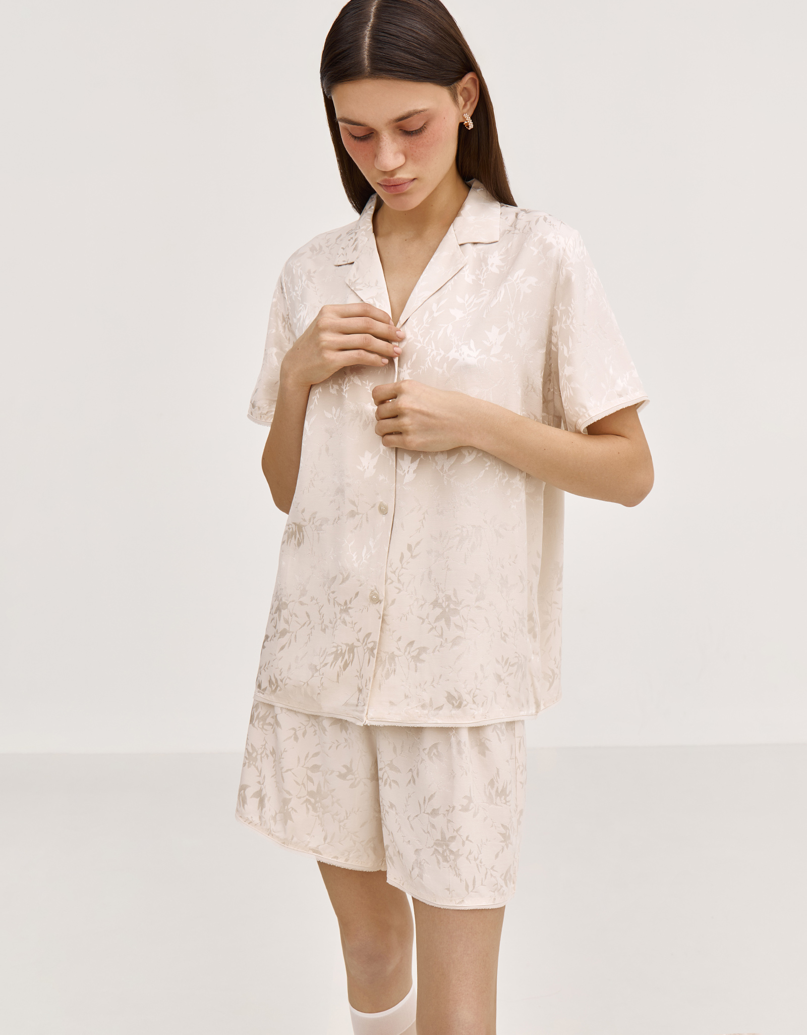 Women's shirt, homewear, size L, with short sleeves, viscose, milky, Flowers, Arisha, image-2