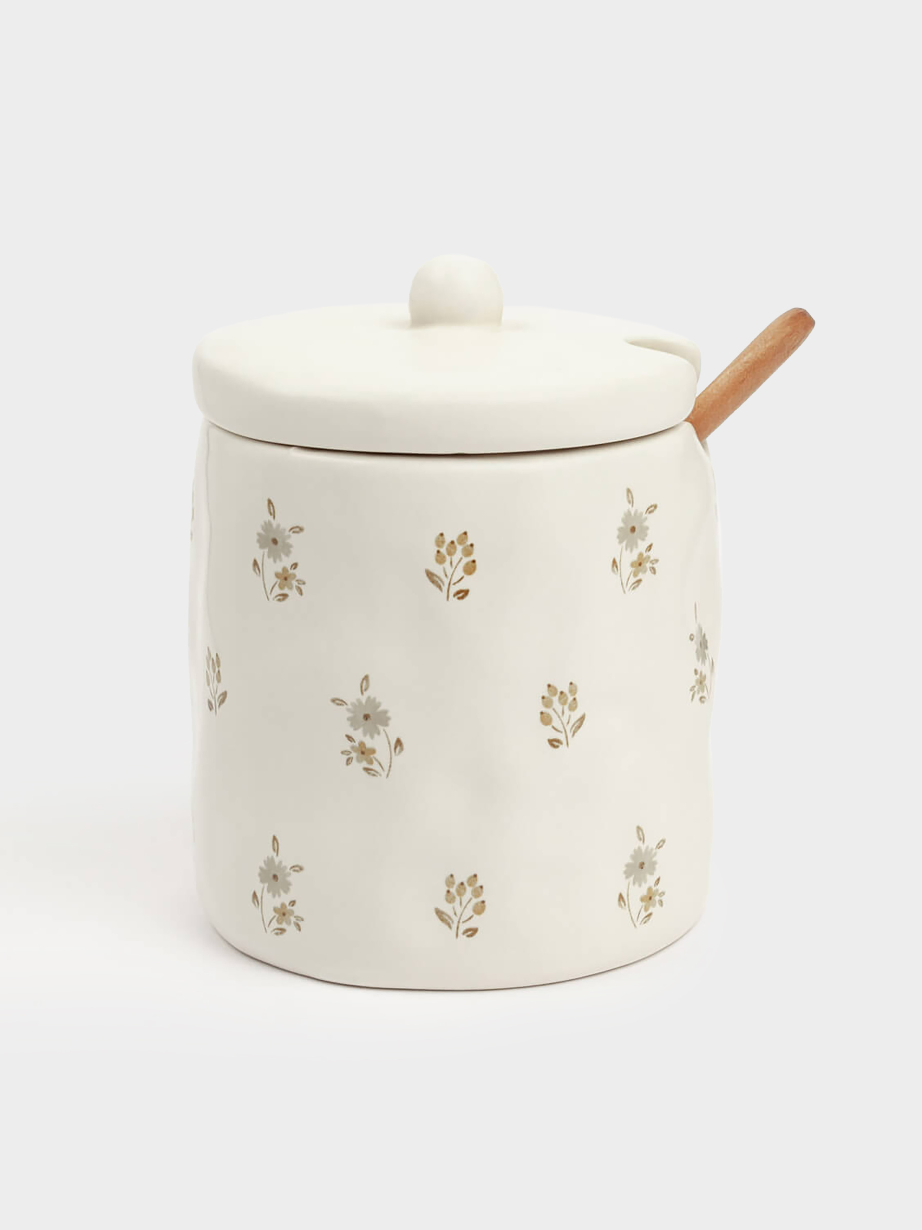 Sugar bowl, 11 cm, 370 ml, with spoon, ceramic / wood, milk, Vintage flowers, La flore, image-1