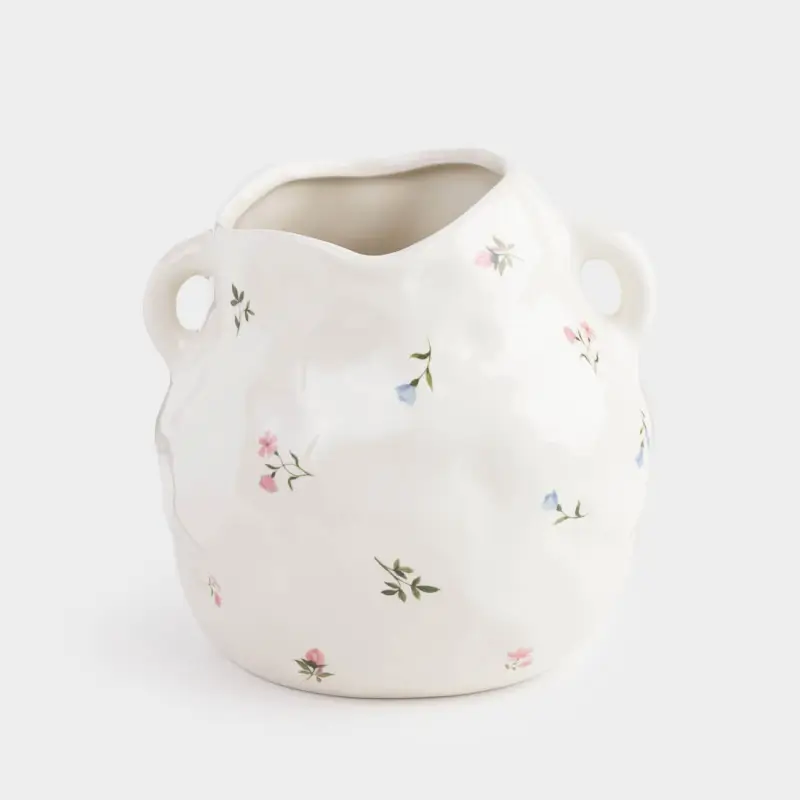 Flower vase, 20 cm, with handles, ceramic, milky, Flowers, El flora
