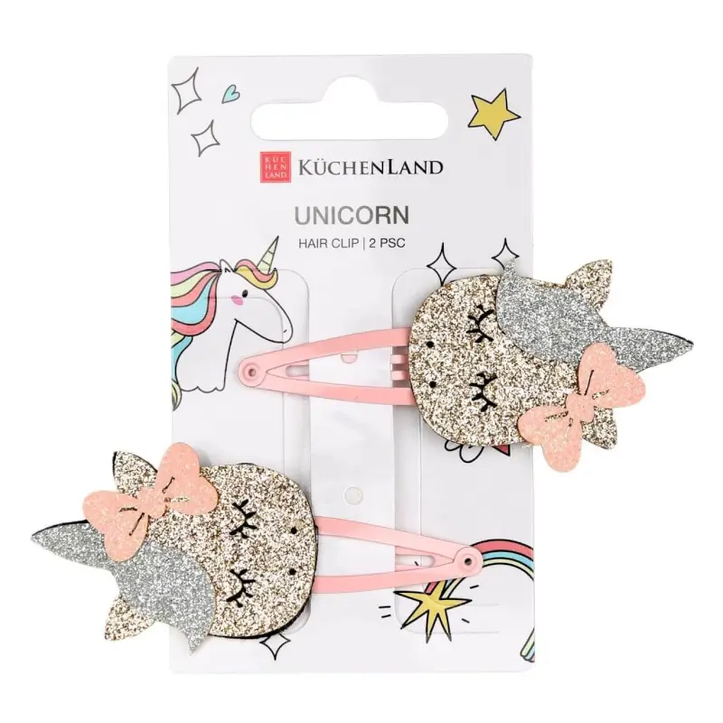 Hair clip, 8 cm, 2 pcs, polyurethane / metal, Pink, Sequins, Unicorn