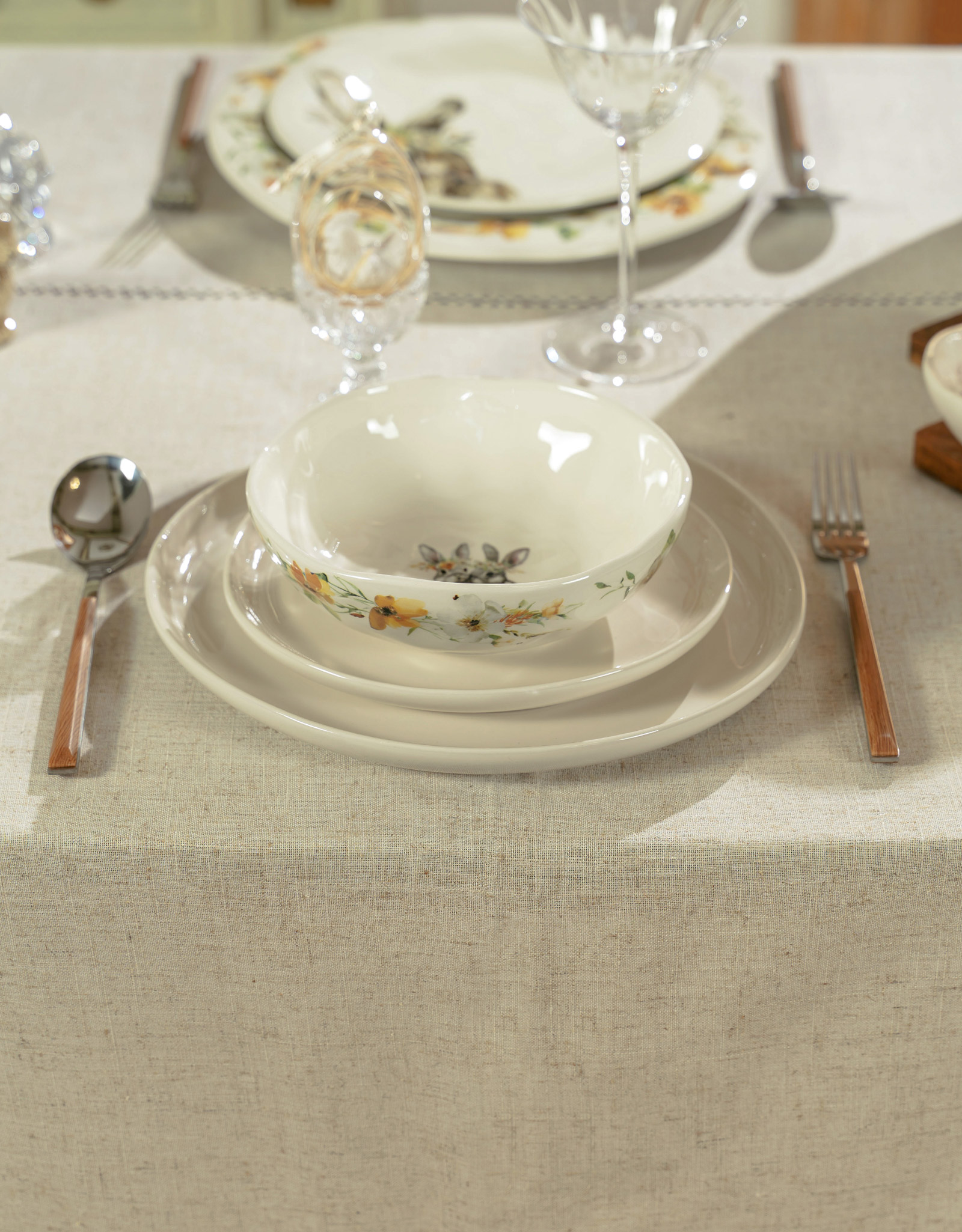 Tablecloth, 160x160 cm, polyester / linen, beige, Hemstitch