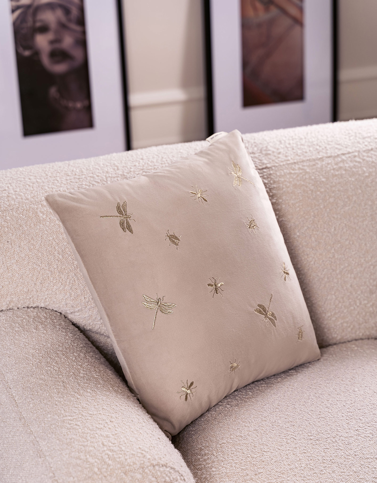 Decorative pillow, 45x45 cm, corduroy, light beige, Dragonflies and beetles, Bugs