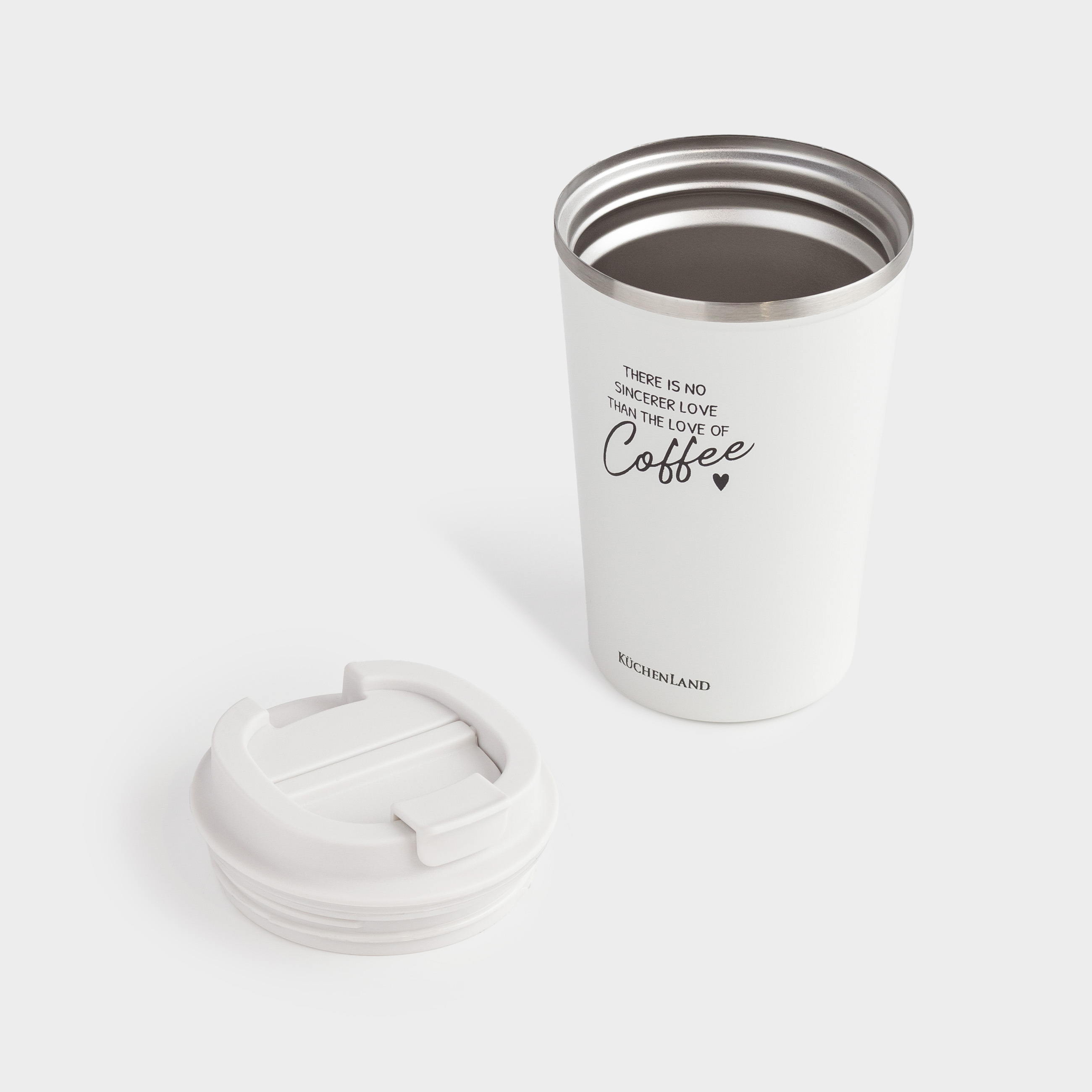 Thermo mug, 350 ml, steel / plastic, white, with inscription, Coffee time