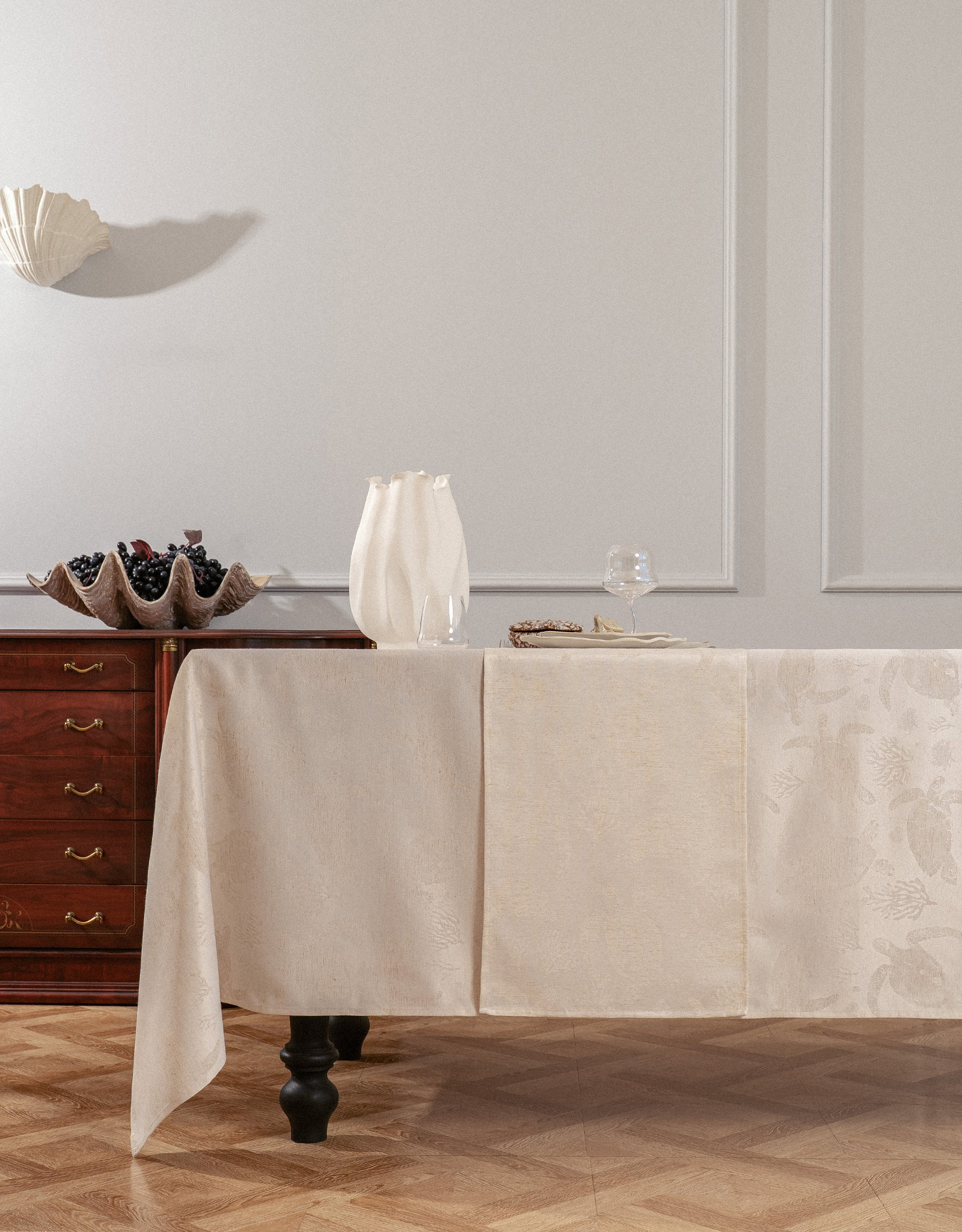 Table runner, 40x160 cm, jacquard, polyester / linen, beige, Turtles, Marine turtles, image-2